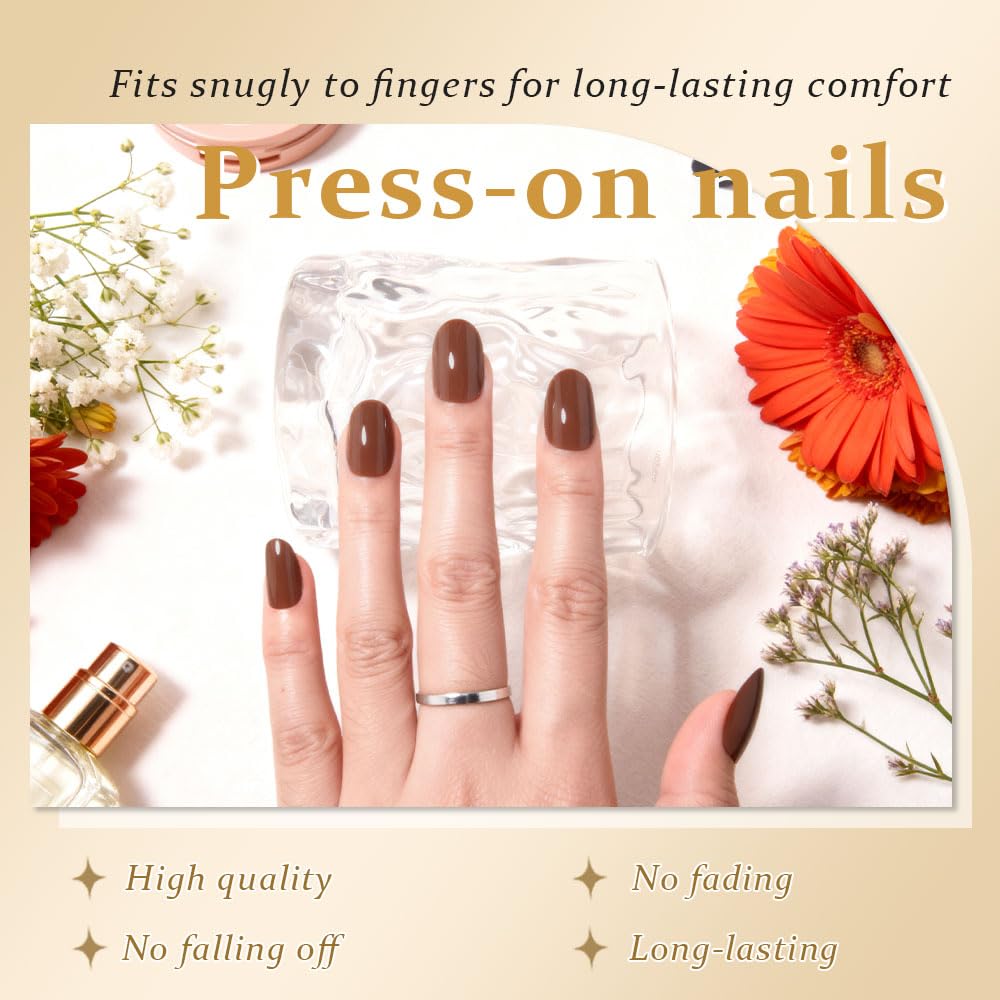 evpct Cool Brown Medium Oval Glossy Press on Nails for Women Gift, Glossy Nude Brown Fake Nail with Kits Manicure Kit, Soft Gel Full Cover Reusable Stick on Soft Acrylic False Nails Perfectly Fit