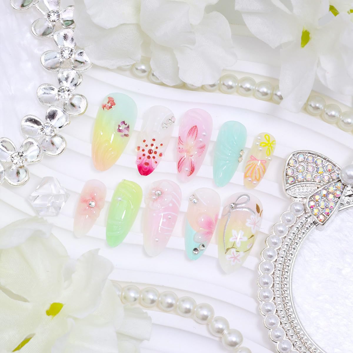 24Pcs 3D Flower Press on Nails Medium Almond Fake Nails with Silver Glitter Bow Rhinestones Design Cute Butterfly False Nails Full Cover Artificial Glue on Nails Stick on Nails for Women Acrylic DIY