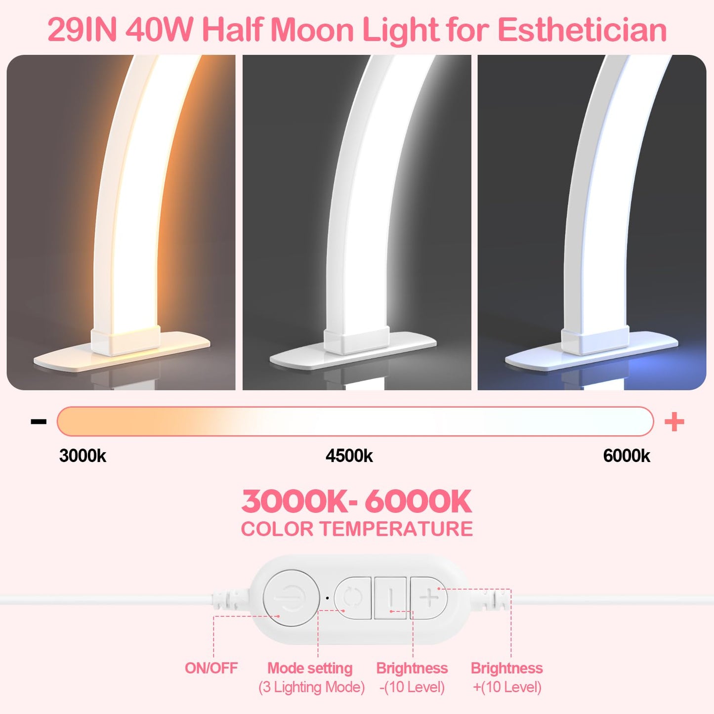 Kadden Foldable Large Half Moon LED Light,29" Arch Light with Rhinestone-Encrusted for Table Nail Desk with Phone Stand, Upgrade Arch Light for Nail Techs (White, Large)
