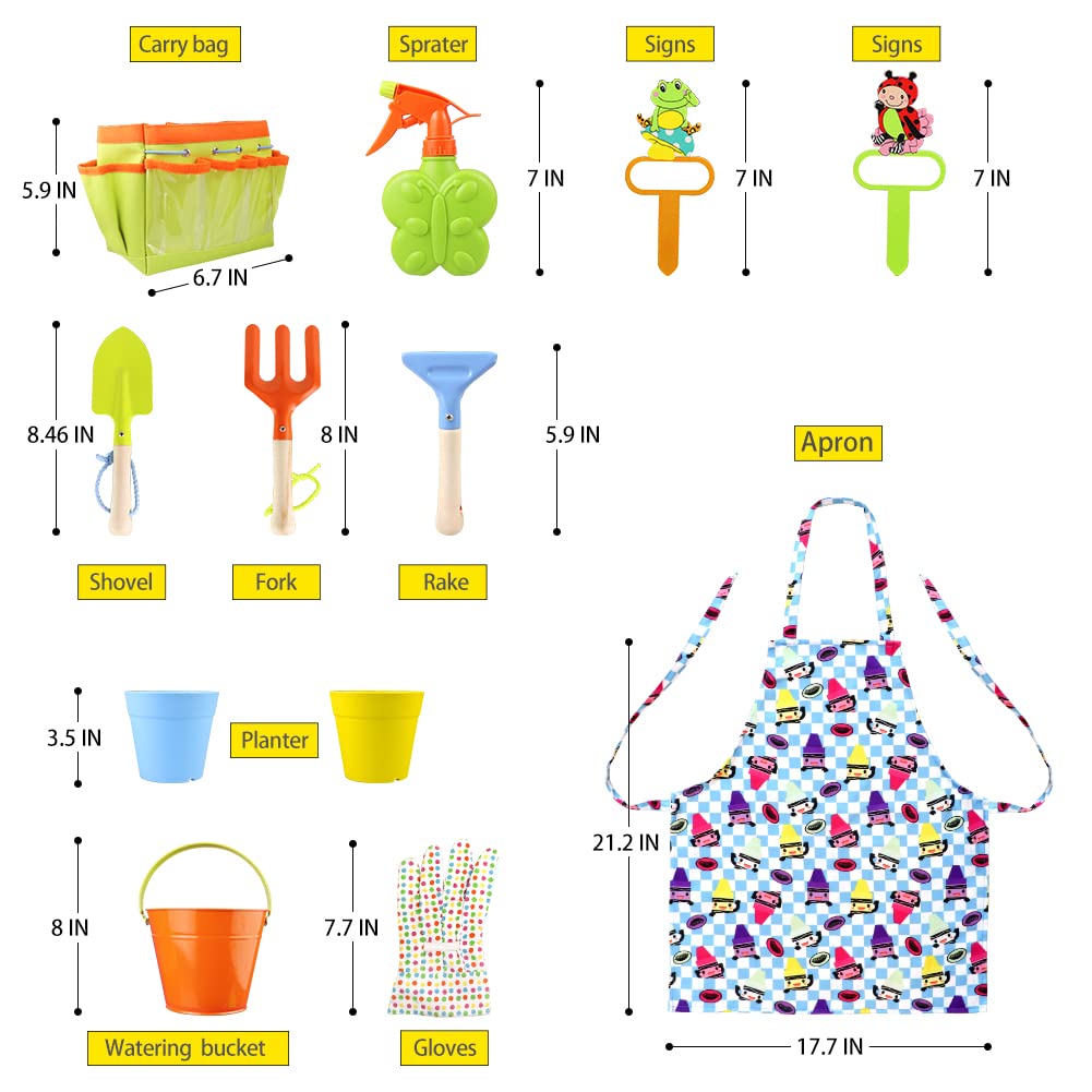 Kids Gardening Tools Kit Children Garden Toy Includes Tote Bag, Spade, Watering Bucket, Spray Bottle, Flower Pot, Apron, Rake, Plant Marker, Fork, Rake and Gloves