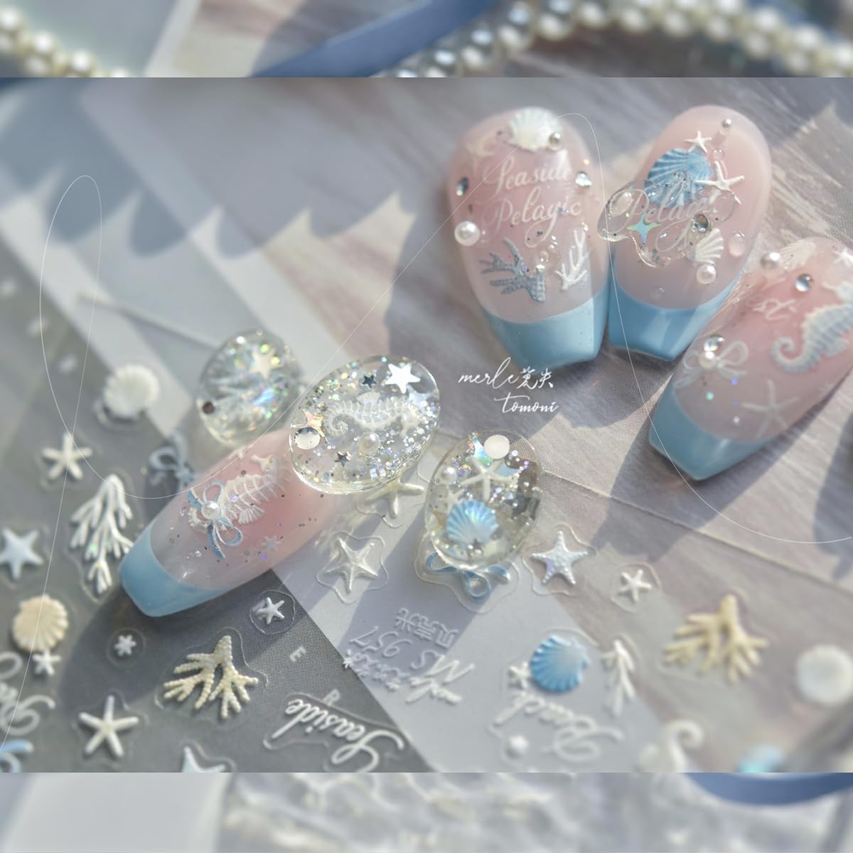 Summer 3D Embossed Nail Stickers - Blue Aurora Ocean Life Design, Self-Adhesive Nail Art Decals for Women, DIY Manicure Supplies 1 Sheet