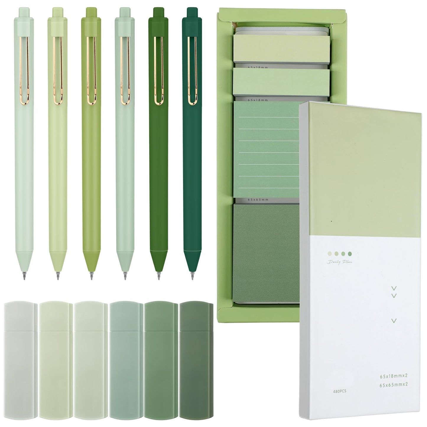 Resurhang Aesthetic Stationery Set Supplies Sticky Notes Set 6 Mini Correction Tapes 6 Retractable Black Ink Pens 0.5mm Fine Point Paper Corrective Pen Self Stick Index Tabs(Green)