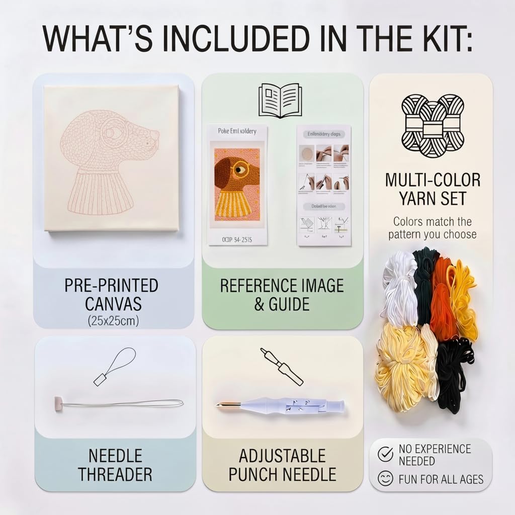 Raysqyk DIY Punch Needle Kit for Beginners - Adorable Dog with Glasses & Striped Collar | Soft Yarn Embroidery Set with Pre-Printed Fabric, Hoop & Tools | Stress-Relief Craft for Home Decor