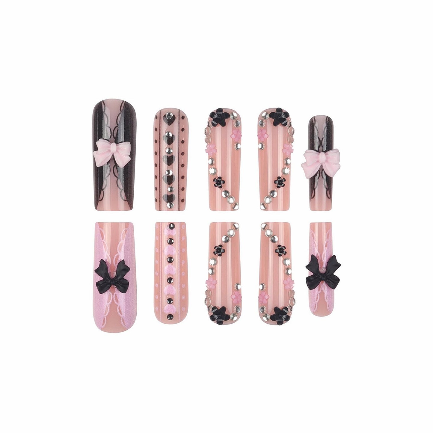 MISUD Press on Nails - Long Square Glue on Nails with Y2K Pink Black, Acrylic Rhinestone Bow Design 24 pcs