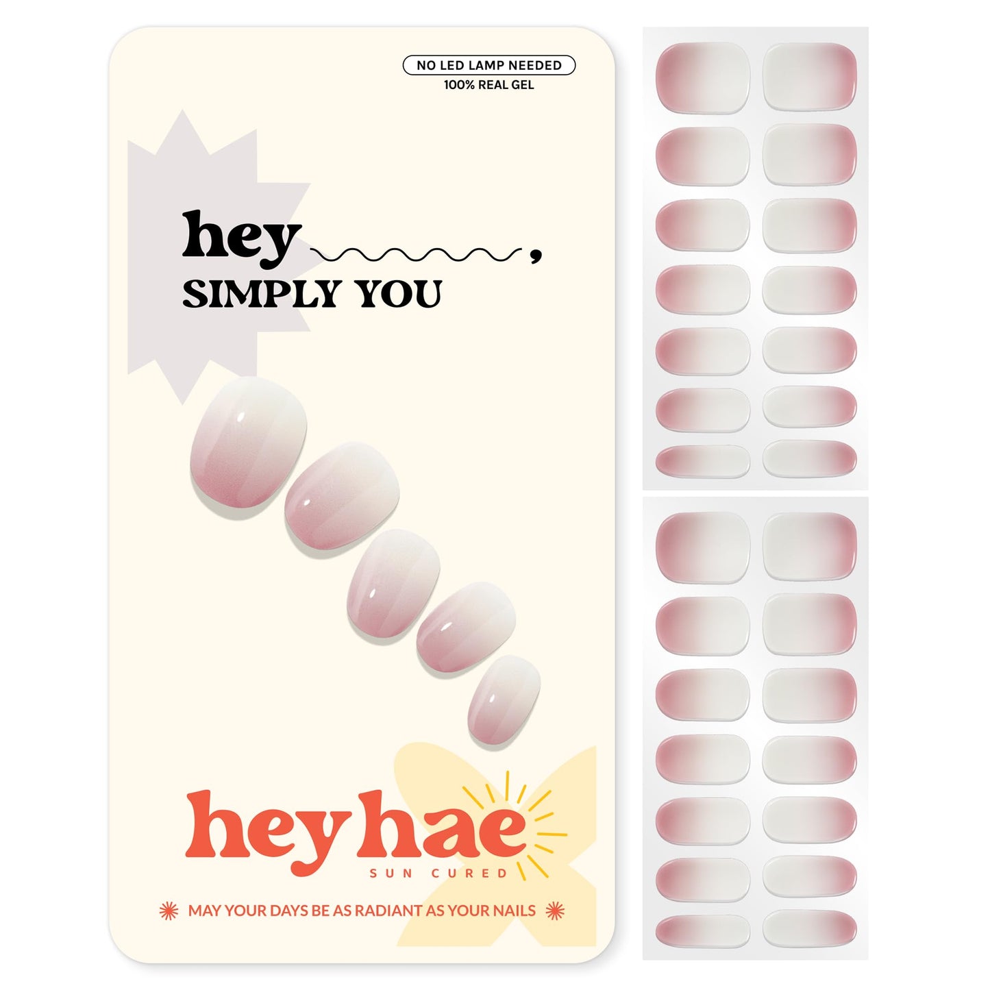 Heyhae Semi Cured Gel Nail Strips | No LED Lamp Needed |Pink, Ombre | Easy Apply & Remove, Salon Quality | Includes 28 Strips, 2 Prep Pads, Nail File & Wooden Stick - Hey, Simply You