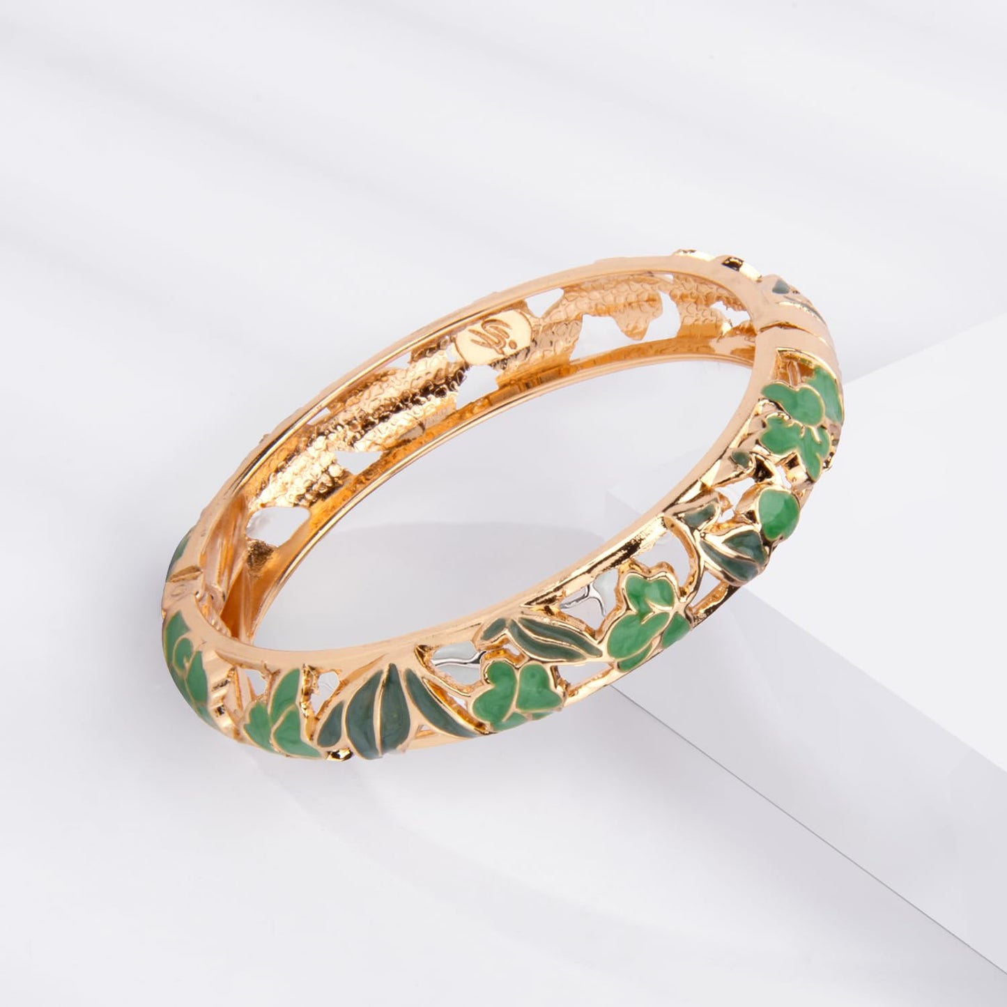 UJOY Women Cloisonne Bracelet Multi-Colors Gold Plated Rhinestone Flower Hollowed Enameled Hinged Cuff Bangles Jewelry Gift 55A88B 3pcs Green