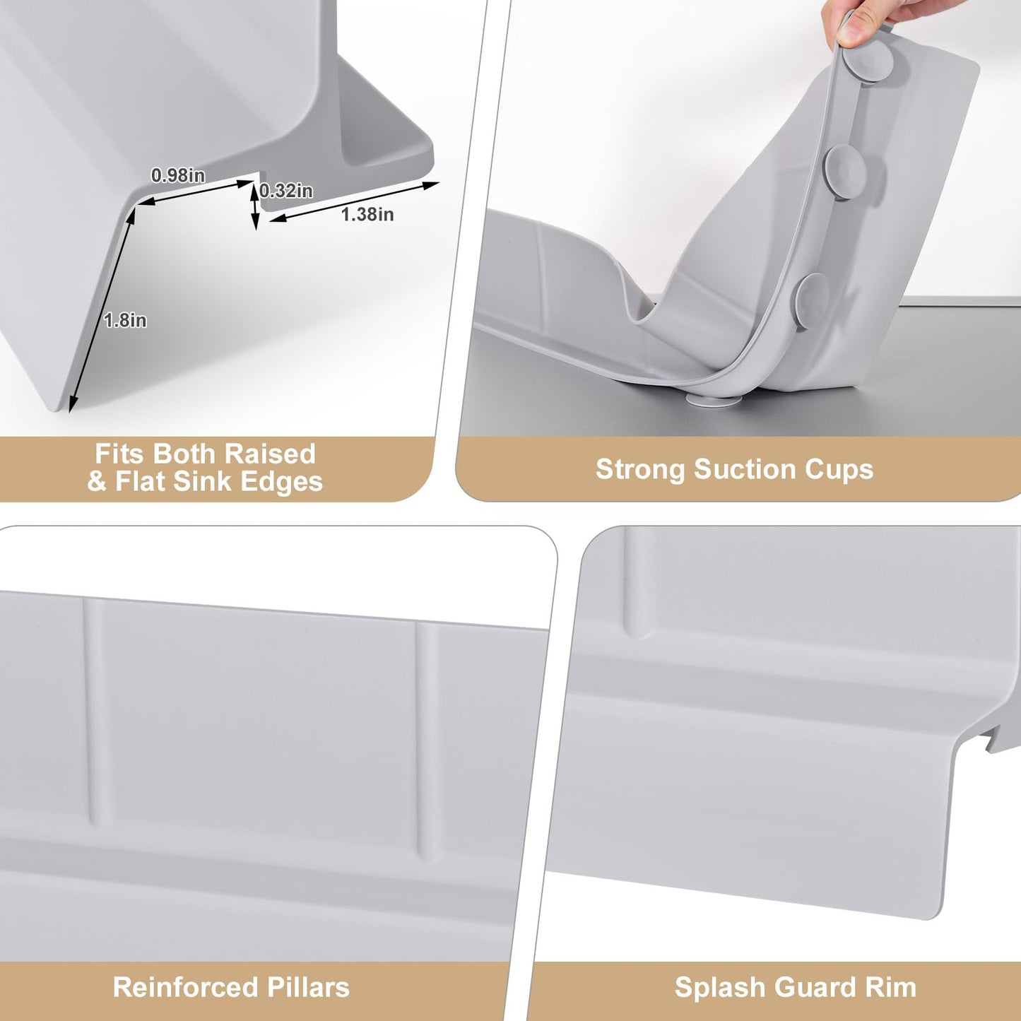 Sink Splash Guard, 18", Non-slip with Suction Cups, Stop Water Splash with High Rim, for Kitchen & Bathroom, Faucet & Countertop Protector, Easy Install, Dishwasher Safe