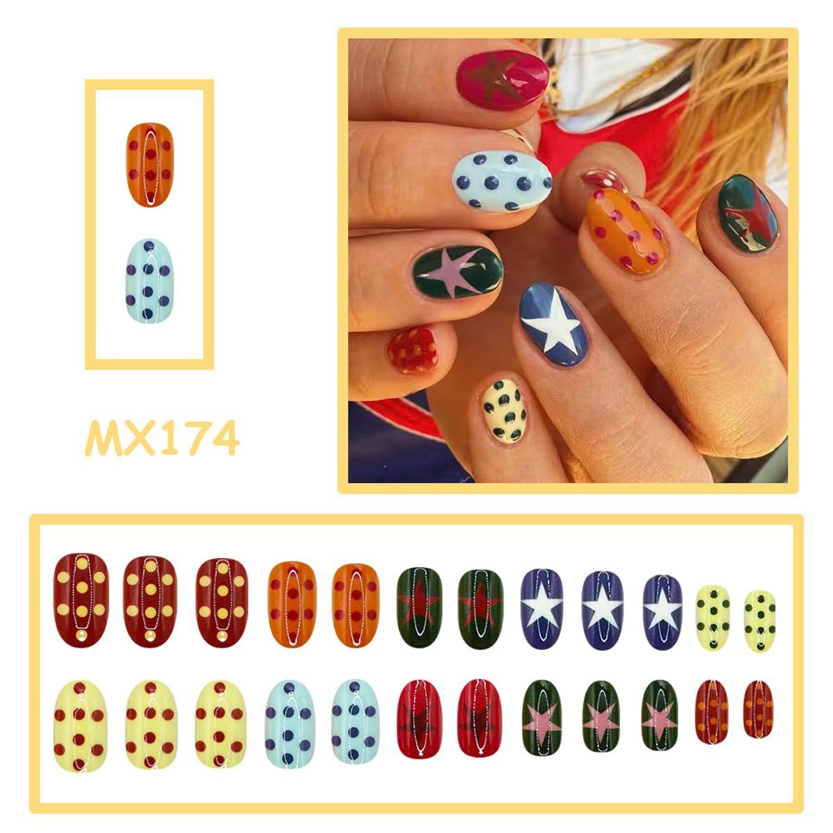 HPYFOI Press on Nails Short Oval Fake Nails Summer Nails Press ons with Colorful Polka Dots, Star Design,Y2k Reusable Artificial Nail Full Cover Glue on Nails for Women Manicure 24Pcs