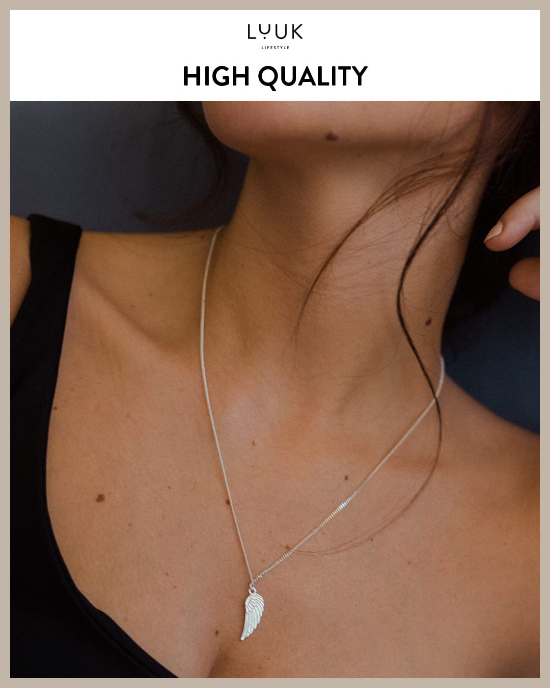 LUUK LIFESTYLE Necklace in 925 sterling silver with angel wings pendant and HAPPINESS gift card, travel lucky charm, women's jewelry, 19” chain length, women's accessories, friend, silver