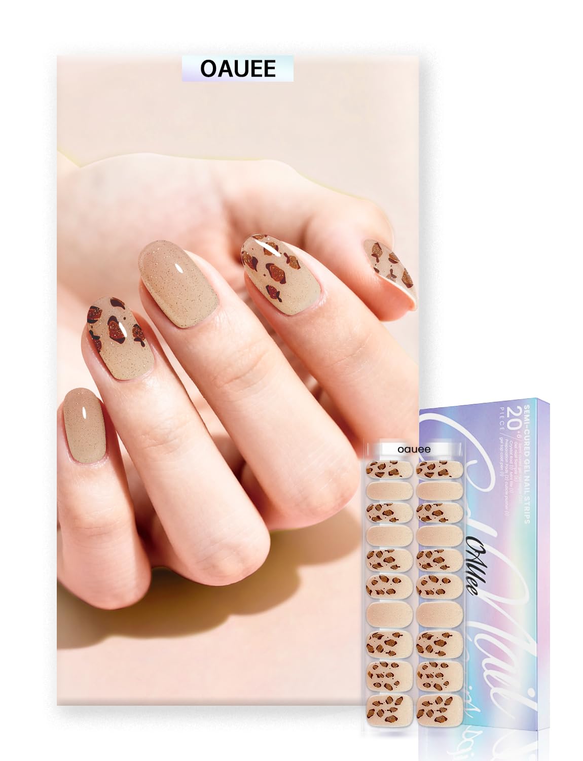 Oauee Semi Cured Gel Nail Strips | Built-In Gel Top Coat | UV Light Required | Salon Quality, Easy Application And Removal (Leopard Print)