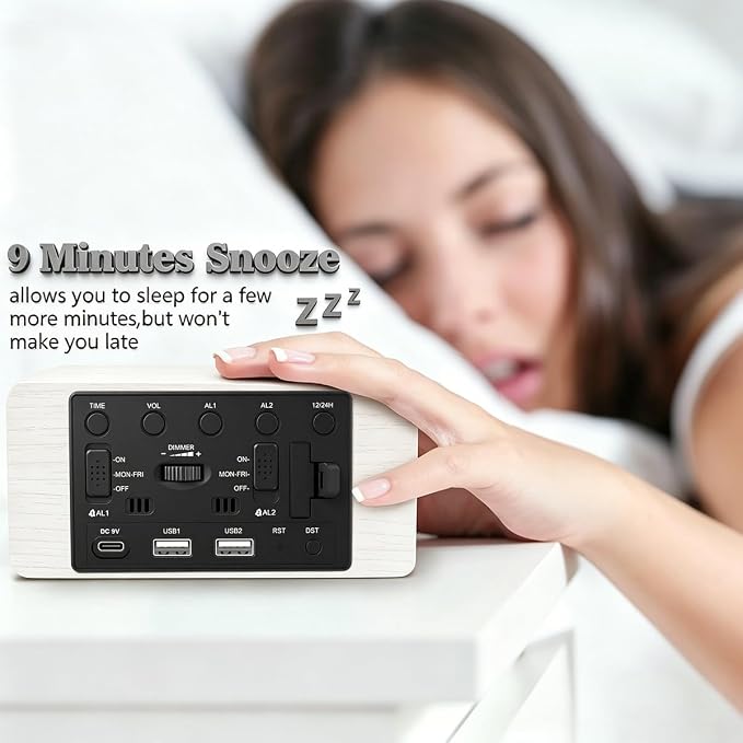 URAYCO Wooden Digital Alarm Clock, 10W Fast Wireless Charger Station & 2 USB Charging Ports, with 0~99% Dimmer, Dual Alarm, Weekday/Weekend Mode, Wood LED Clock for Bedroom, Desk, Office