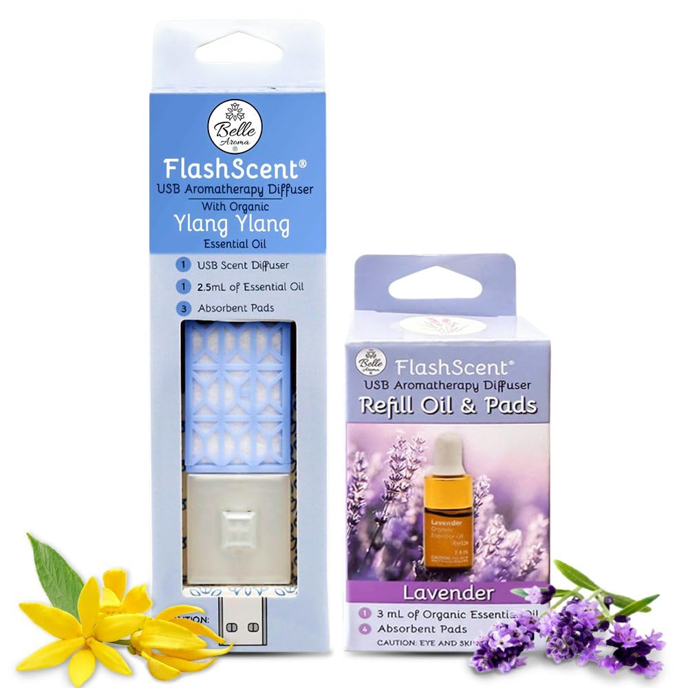 Belle Aroma® FlashScent™ USB Aromatherapy Bundle - for Car, Office, Home, and Travel - Includes 1 Serenity Blue Ylang Ylang Oil Diffuser Kit, 1 Lavender FlashScent Essential Oil, and 7 Refill Pads