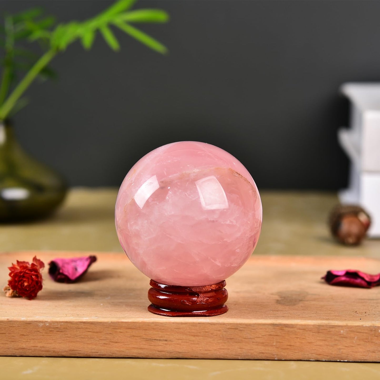 JIC Gem Natural Pink Rose Quartz Ball Sphere with Base,Class 1，5-6cm
