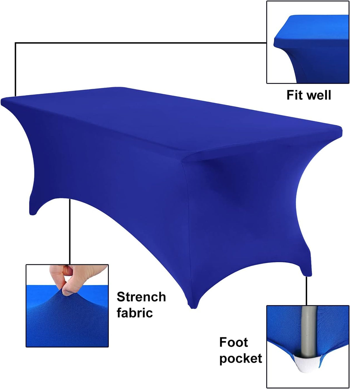 4Pack Spandex Waterproof Table Covers 8ft，Spandex 8ft Waterproof Table Cover for Party,Wedding, Banquet, and Events(Royal Blue)