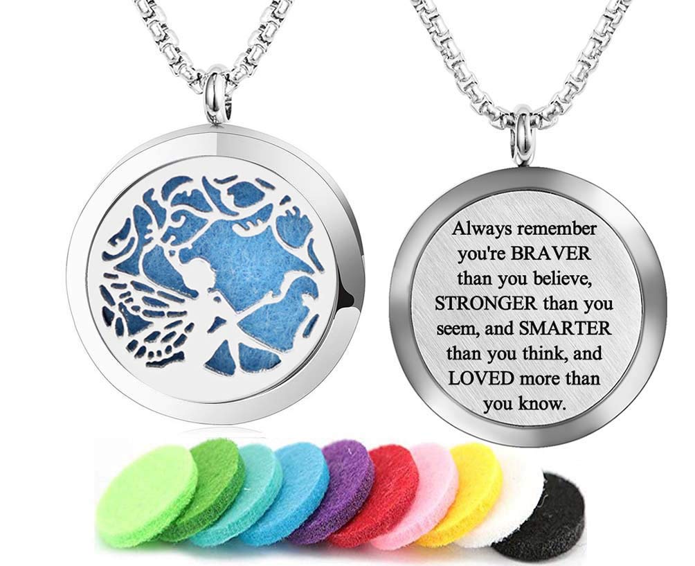 Aromatherapy Essential Oil Diffuser Necklace 316L Stainless Steel Locket Pendant with 24 Inch Chain(Angel)