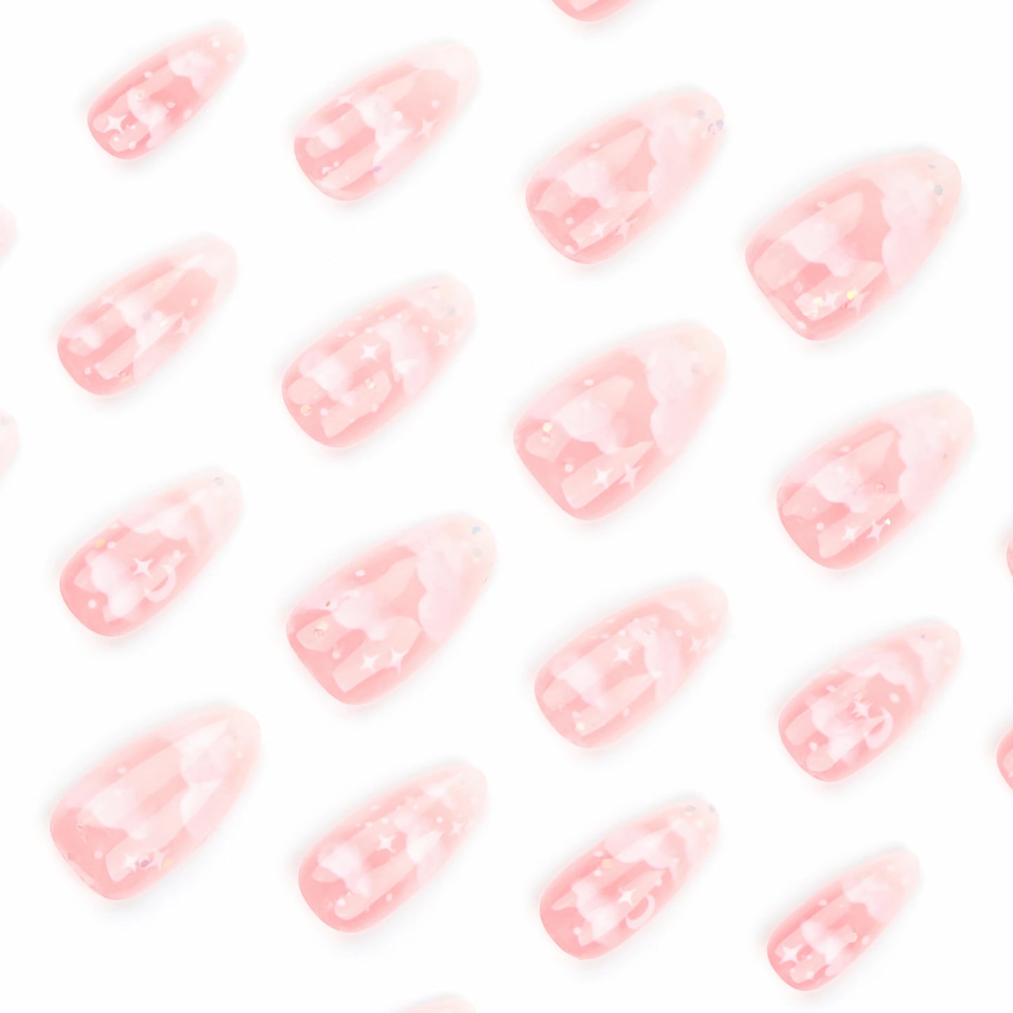 BABALAL Medium Almond Press on Nails, Pink Bling Glitter Acrylic Nails with Cute Cloud Design, 24Pcs Full Cover Glue on Nails