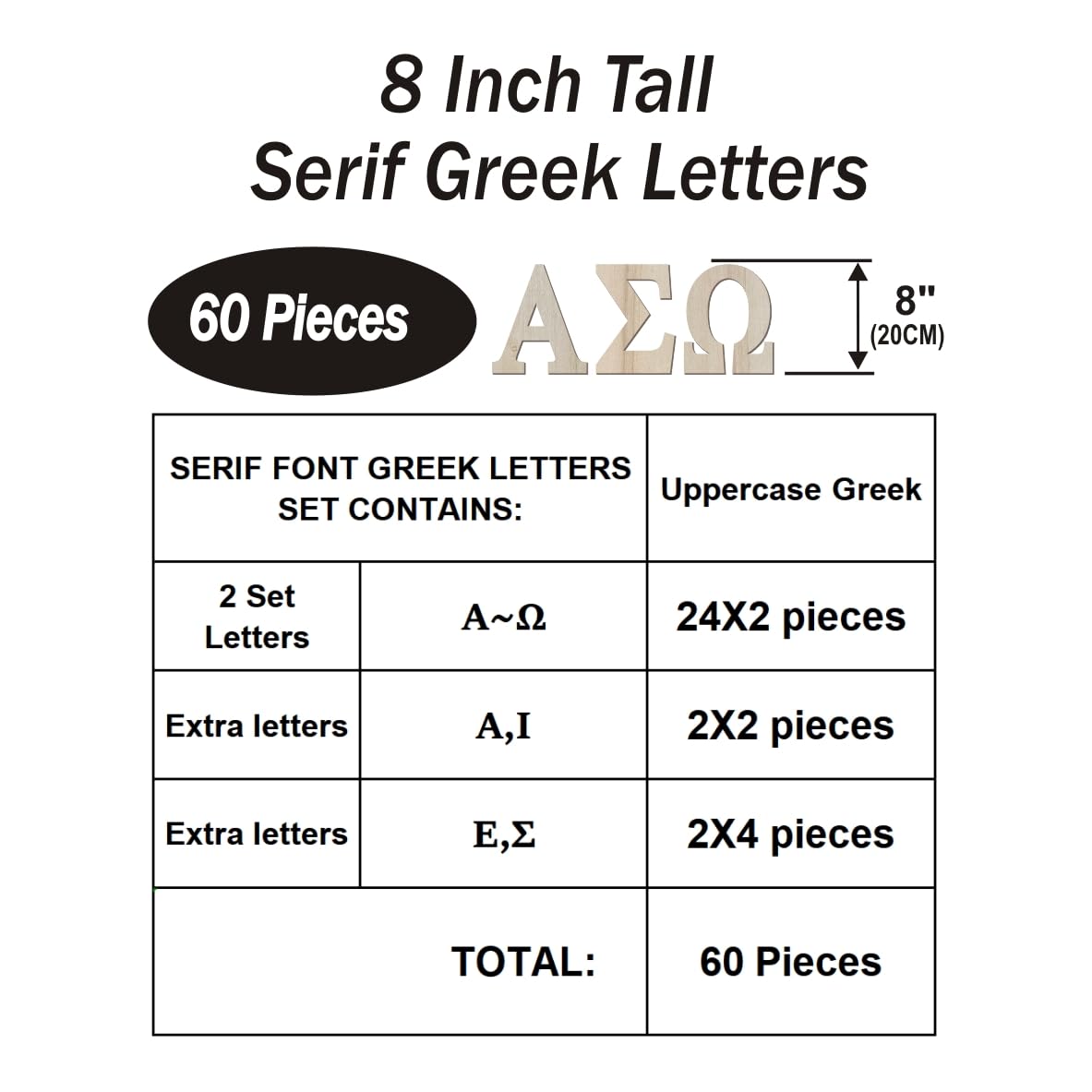 8 Inch 60 Pieces Wooden Greek Letters Crafts Unfinished Wood Greek Alphabets for Sorority/Fraternity/DIY Project/Learning/Wall Decor