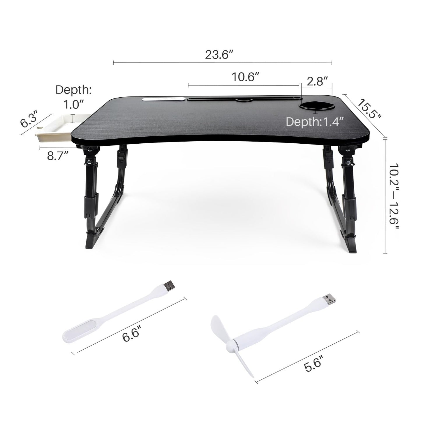 BYMECOST Laptop Desk for Bed, Height Adjustable Laptop Bed Table, Foldable Portable Lap Desk Stand with USB/Storage Drawer/Cup Holder/Slot, Breakfast Tray for Working Reading Writing Eating