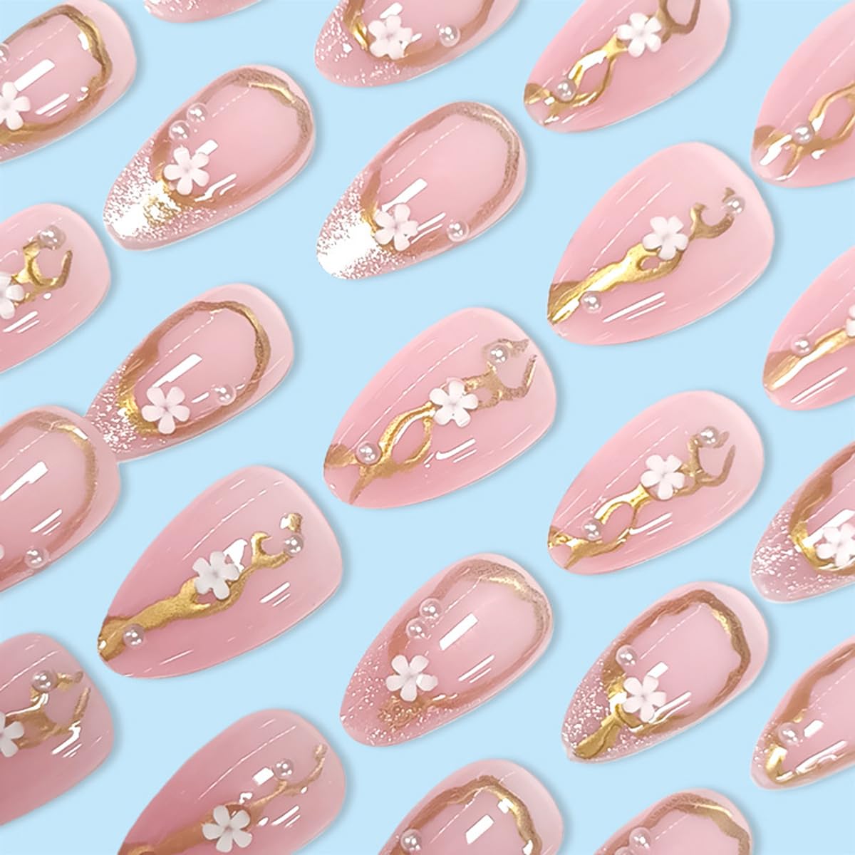 Spring Press on False Nails Glitter French Tip Fake Nails Medium Almond Glue on Nails with Flower Gold Chrome Pearl Designs Press ons Stick on Nail for Women Manicure 30Pcs