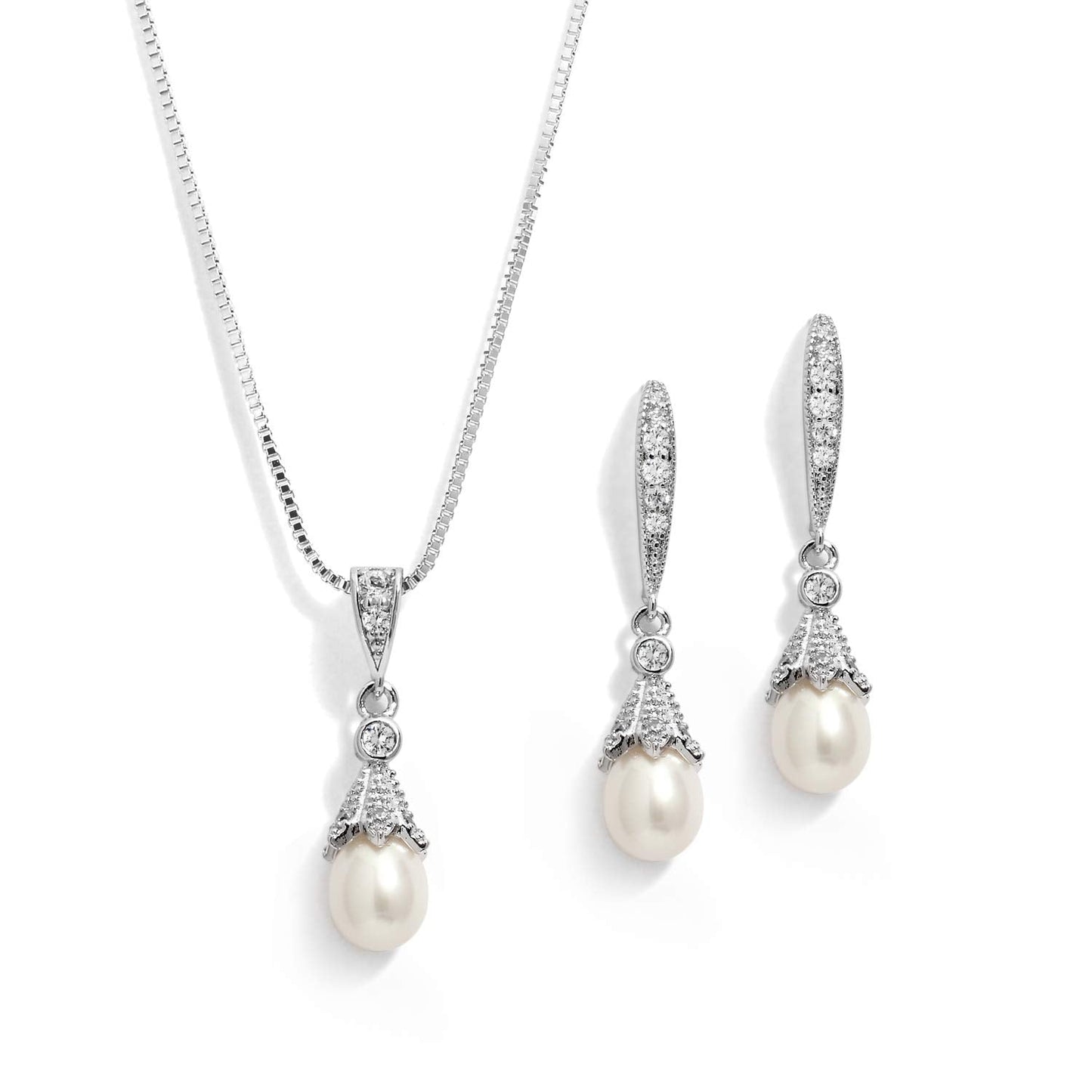 Mariell Wedding Necklace & Earrings CZ Jewelry Set with Dainty Freshwater Pearl for Bridesmaids & Brides