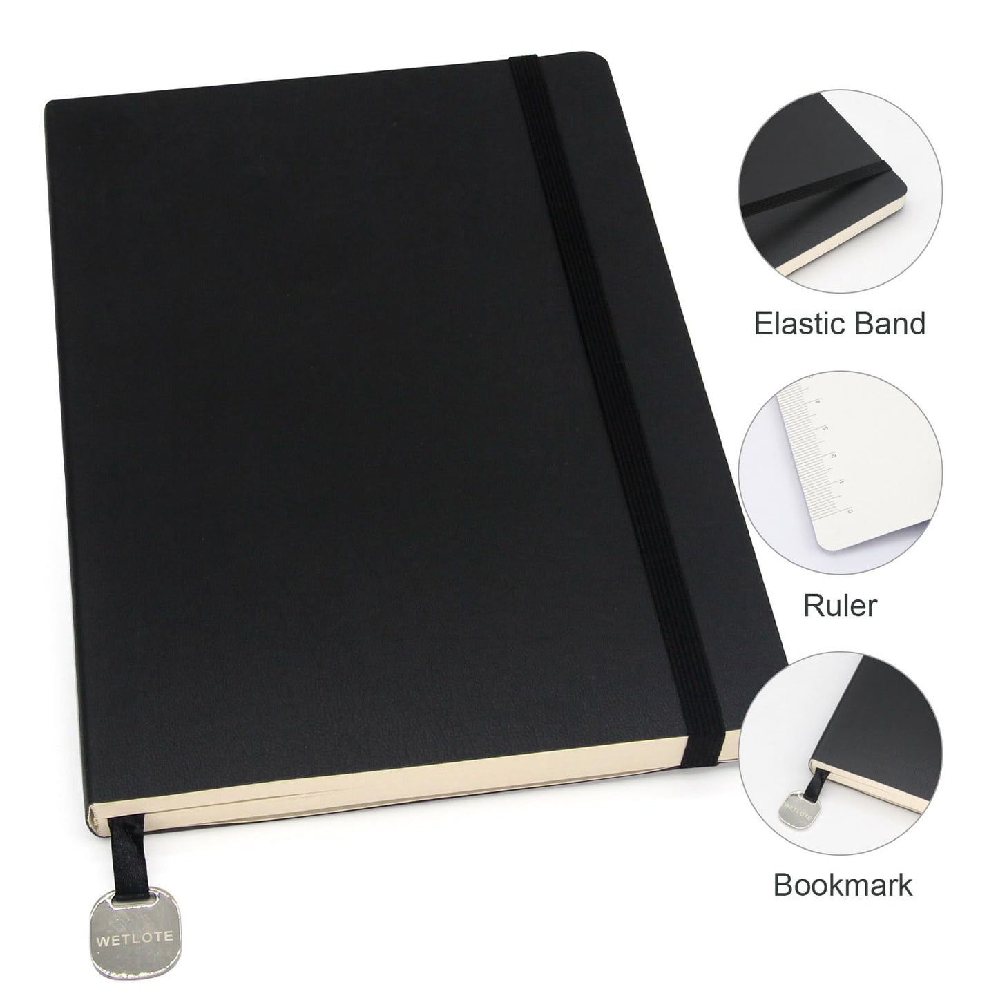 WETLOTE A5 Journal Notebook，Soft Cover - 5.6"x8.25" Line/Grid/Blank, 208 Pages, Soft Leather Journal for Home, Work & School(black,blank)