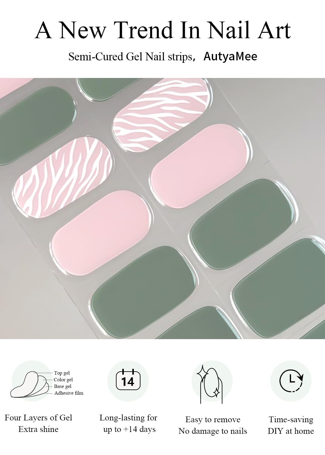 AutyaMee Semi Cured Gel Nail Strips (Soft Green), 20 Pcs Gel Nail Wraps, Stickers, Salon Quality, Works with Any UV Lamps