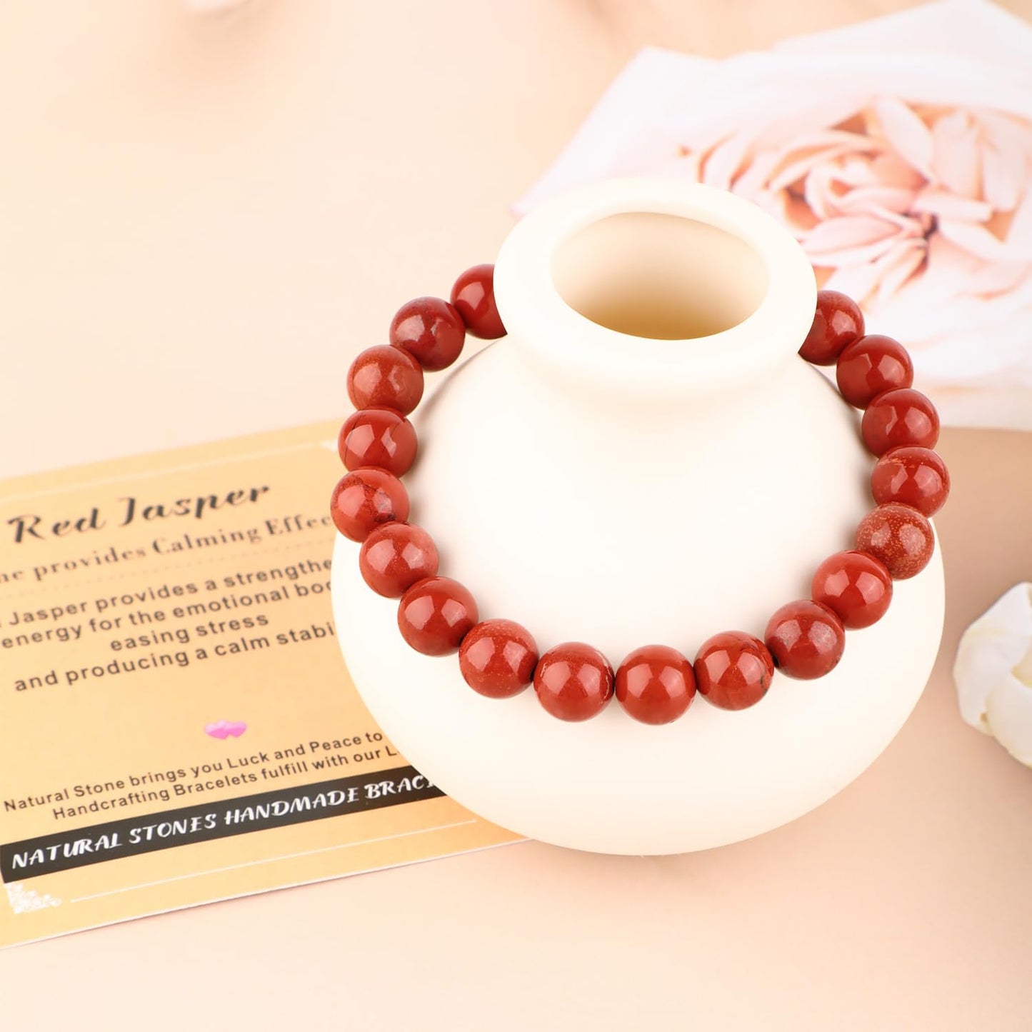AD Beads 8mm Handmade Red Jasper Elastic Bracelet – Natural Gemstone for Stone provides Calming Effects – Meditation, Yoga, Healing and Energy Gift for Men Women