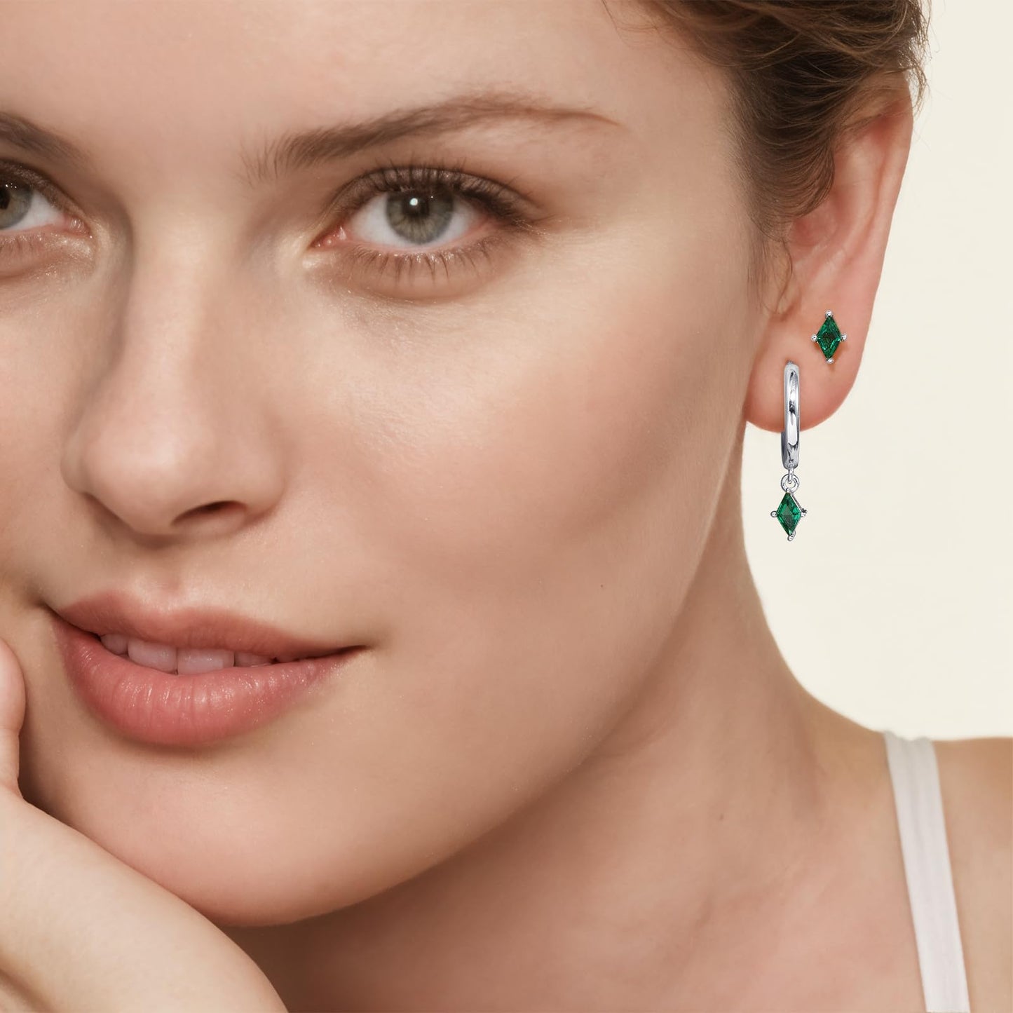 Sterling Silver Hoop Earrings Set for Women, Dainty Green Huggie Dangle Earring, Small Hypoallergenic Silver Earring Stacks for Multiple Piercing, Emerald Green Earring for Women Trendy