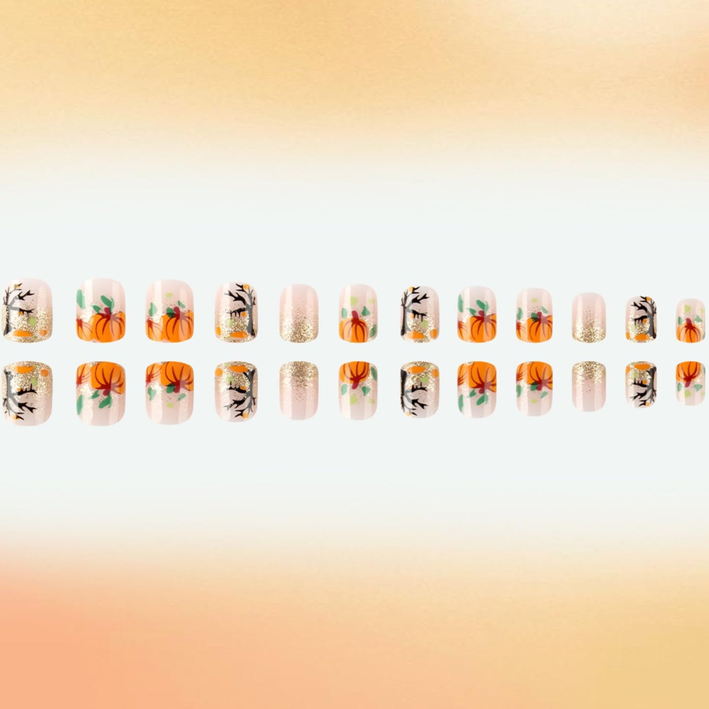 Thanksgiving Press on Nails Short Square Fall False Nail Pumpkin Glitter Sequins Pattern Acrylic Fingernails Full Cover Glossy Festival Stick on Nail Press Ons Reusable Autumn Glue on Nails for Women