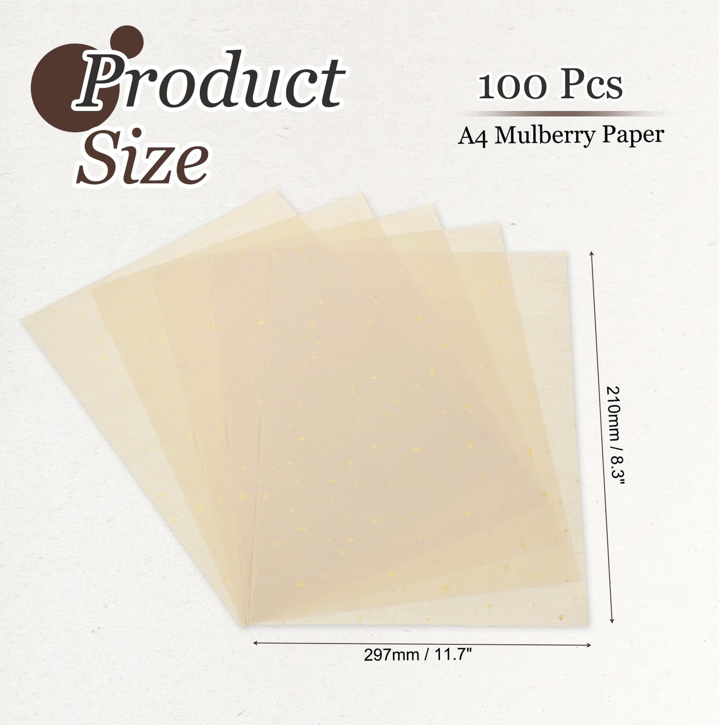 MECCANIXITY 100Pcs A4 Mulberry Paper, Natural Wood Fiber Unprepared Rice Paper Sheets Handmade Decoupage Art Tissue for Calligraphy DIY Drawing Writing Scrapbooking, Gold Dots Beige 8.3"x11.7"