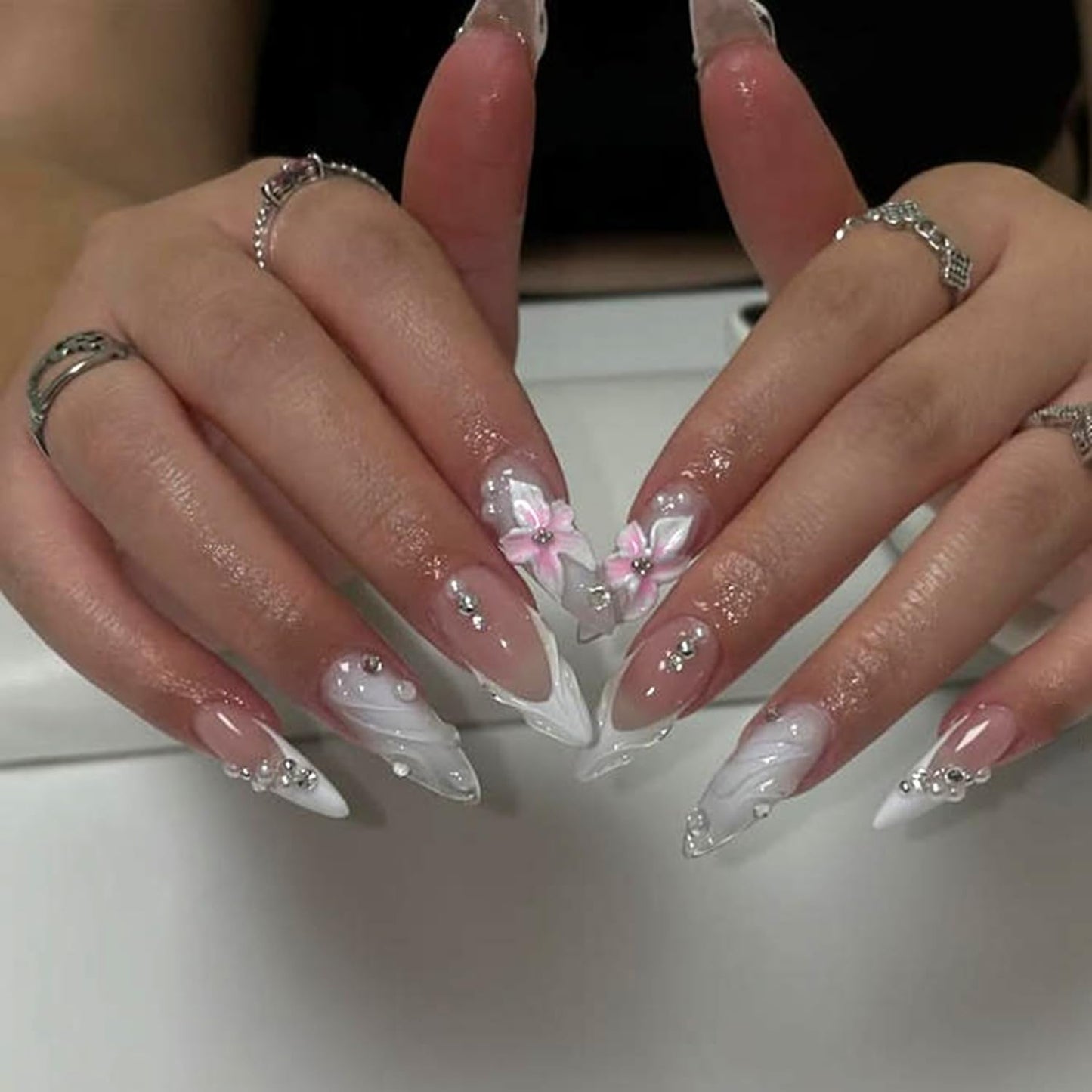Medium Press On Nails - Handmade 3D False Nails Long Stiletto 10 Pcs ReusableABS Material Finger Painting Nail Tip French Salon Design (Size M)