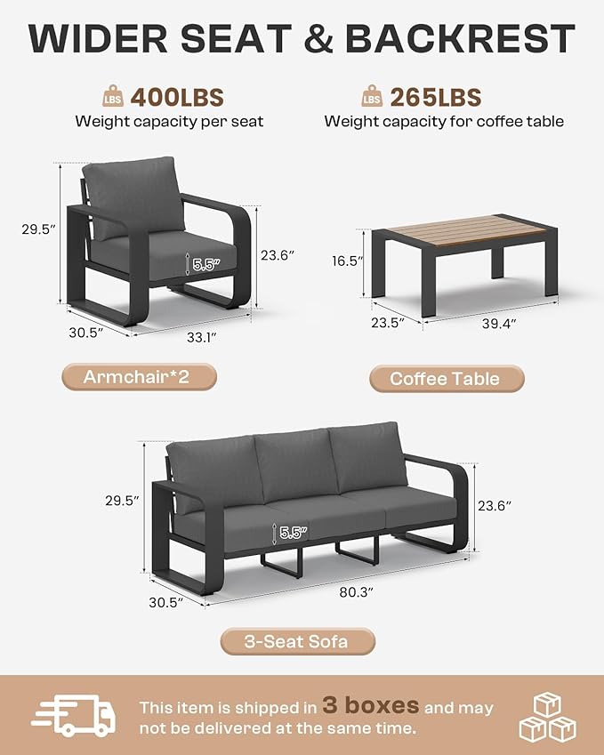Aluminum Outdoor Patio Furniture Set 4 Piece, Oversized Patio Conversation Sets Widened Armrest & Ultra-Thick Cushions, Deep Seating Modern Sectional Furniture for Backyard, Porch, Graphite