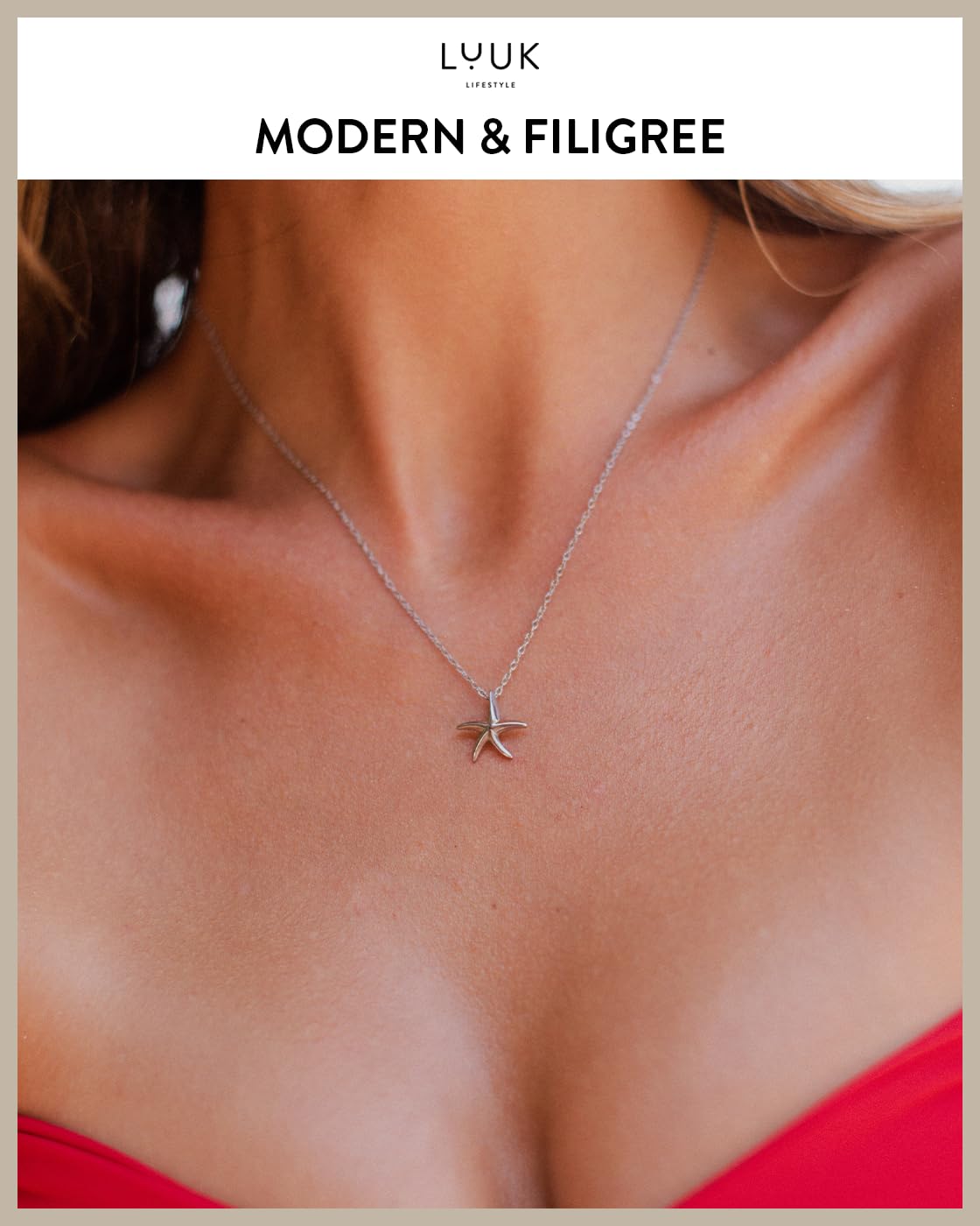 LUUK LIFESTYLE Cute Starfish pendant necklace, stainless steel, 14k silver plated, 19in adjustable, waterproof, non-tarnish thin sturdy chain, for beach vacation, with HAPPINESS Gift Card