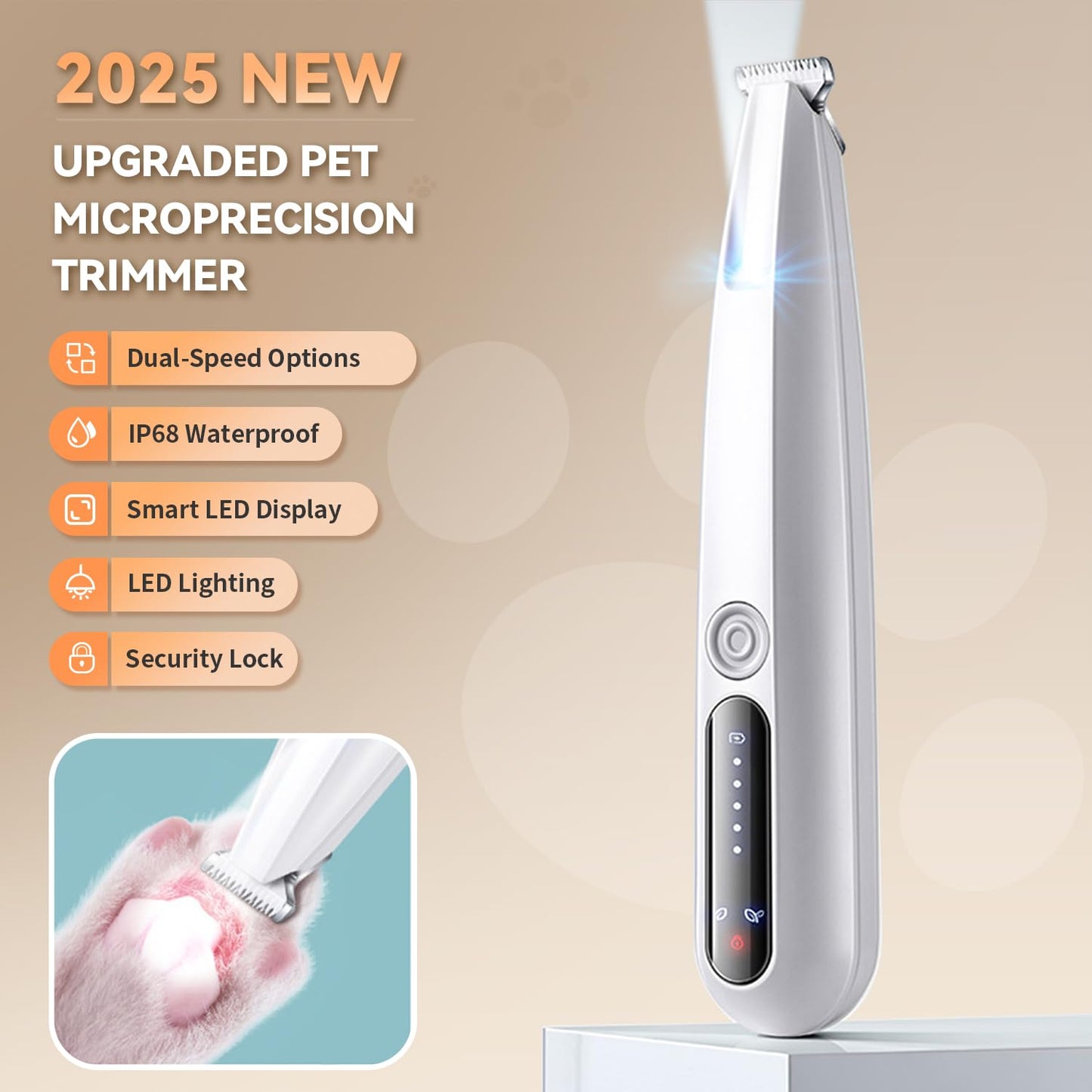 MOONEON 2026 New Pet Precision Trimmer, Dog Paw Trimmer with LED Light, Low Noise, IP68 Waterproof, Dual-Speed Motor, Suit for Trimming Paw, Ear, Face, Butt, Eyebrows, USB Rechageble