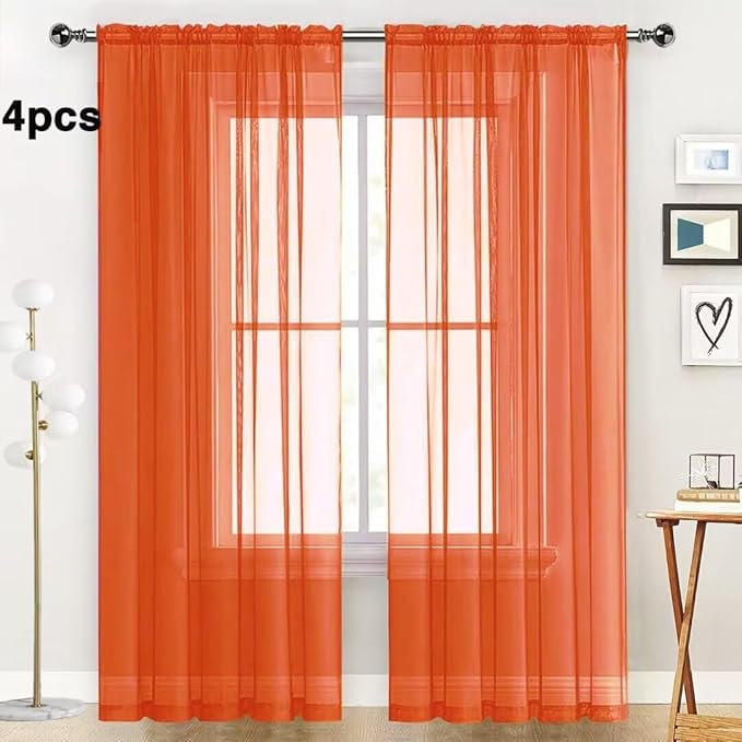 SpaceDresser Burnt Orange Sheer Curtains 4 Panels Rod Pocket Semi-Sheer Curtain 90 Inches Long Light Filtering Voile Window Drapes for Bedroom Living Room Kitchen, Each 52W x 90L