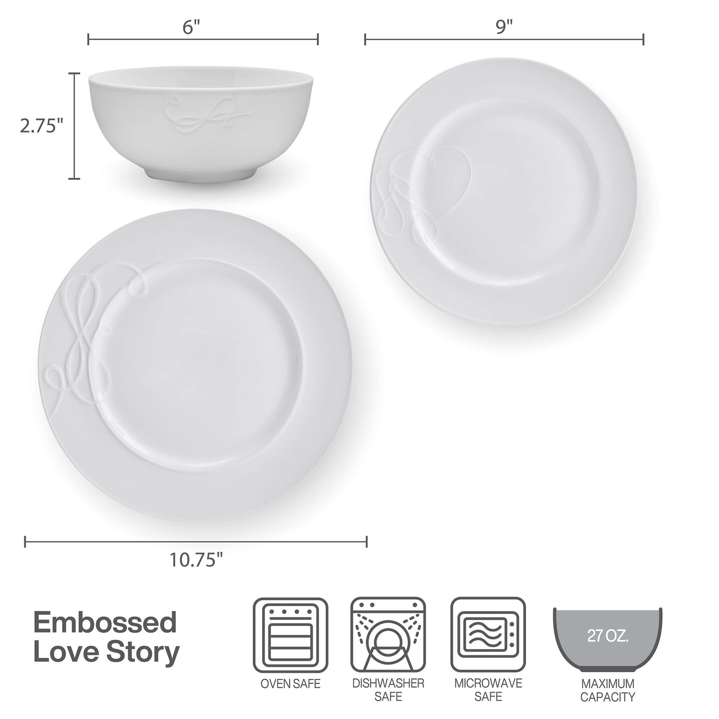 Mikasa Love Story White Chip Resistant 18 Piece Dinnerware Set, Service for 6