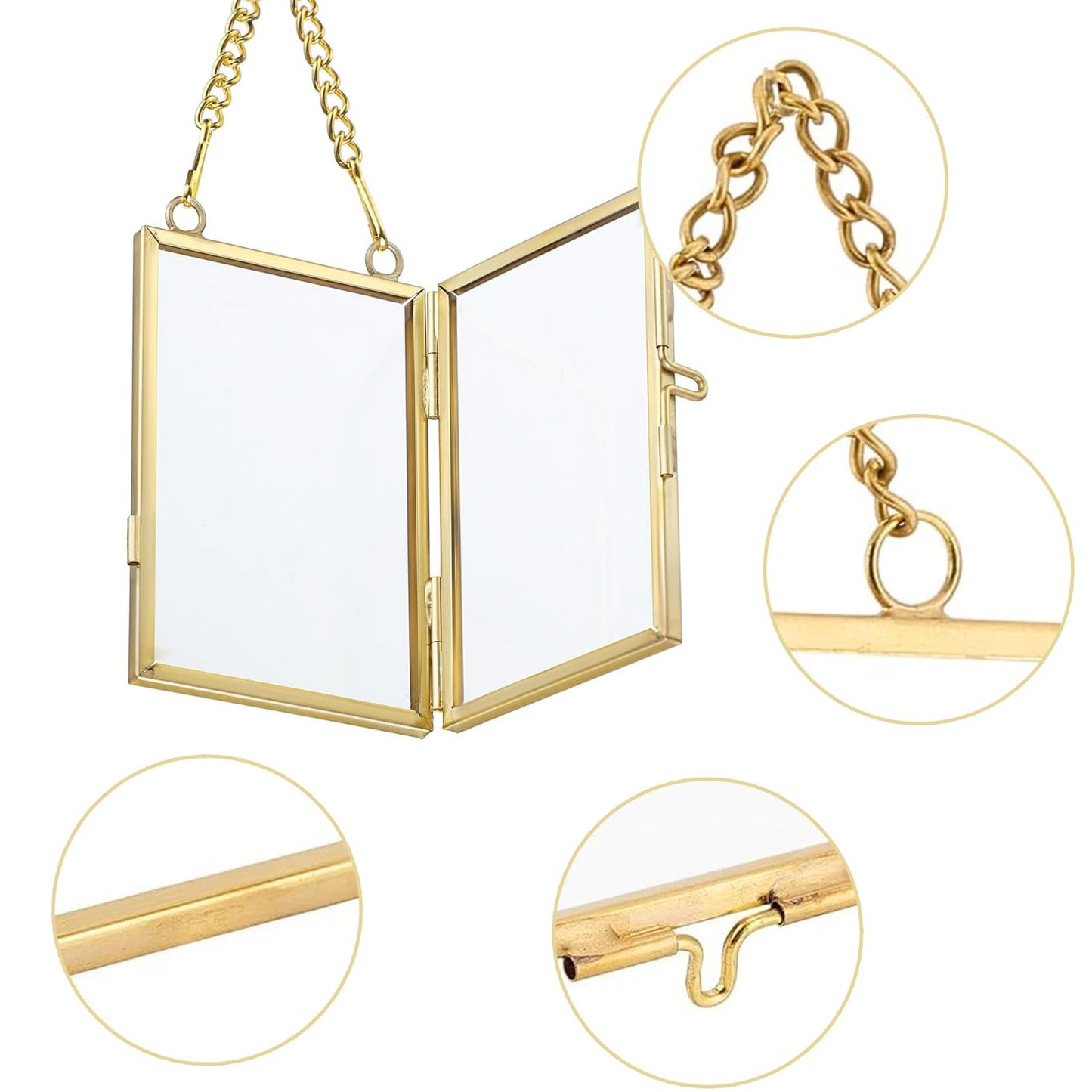 FOCHIER F 4 Pcs Pressed Flower Frame with Tweezers, Wall Hanging Tabletop Display Double Glass Frames with Metal Chain for Pressed Dried Flowers Plants, Horizontal and Vertical Picture Frame, Gold, FRAMES ONLY