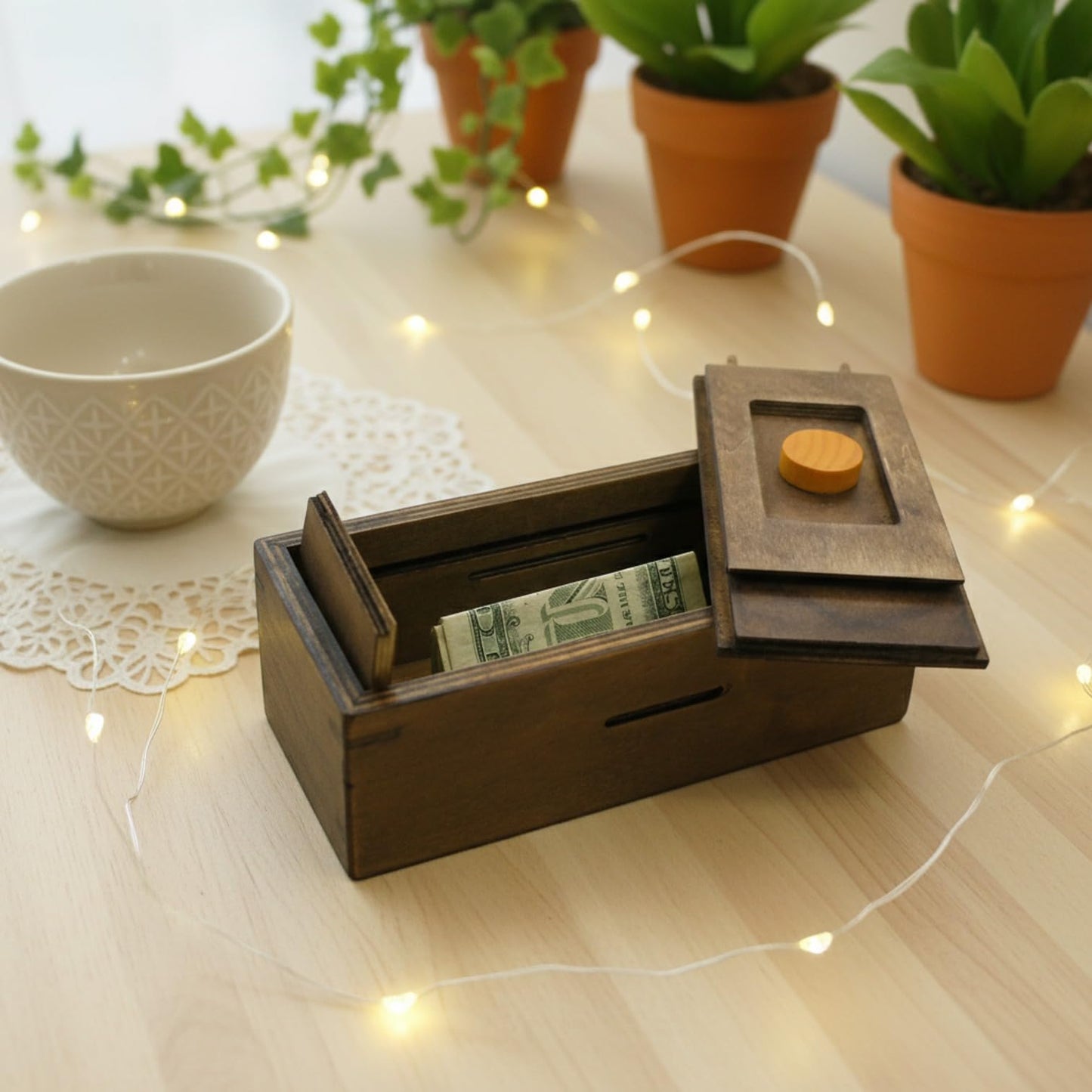 Puzzle Box Enigma Secret Discovery - Money and Gift Card Holder in a Wooden Magic Trick Lock with Hidden Compartment Piggy Bank Brain Teaser Game