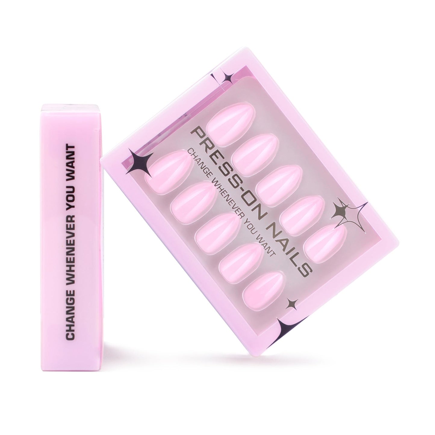 30Pcs Pink Short Almond Press on Nails - Glossy Gel Acrylic Full Cover Medium Length - Glue on Stick on Nails for Women Girls