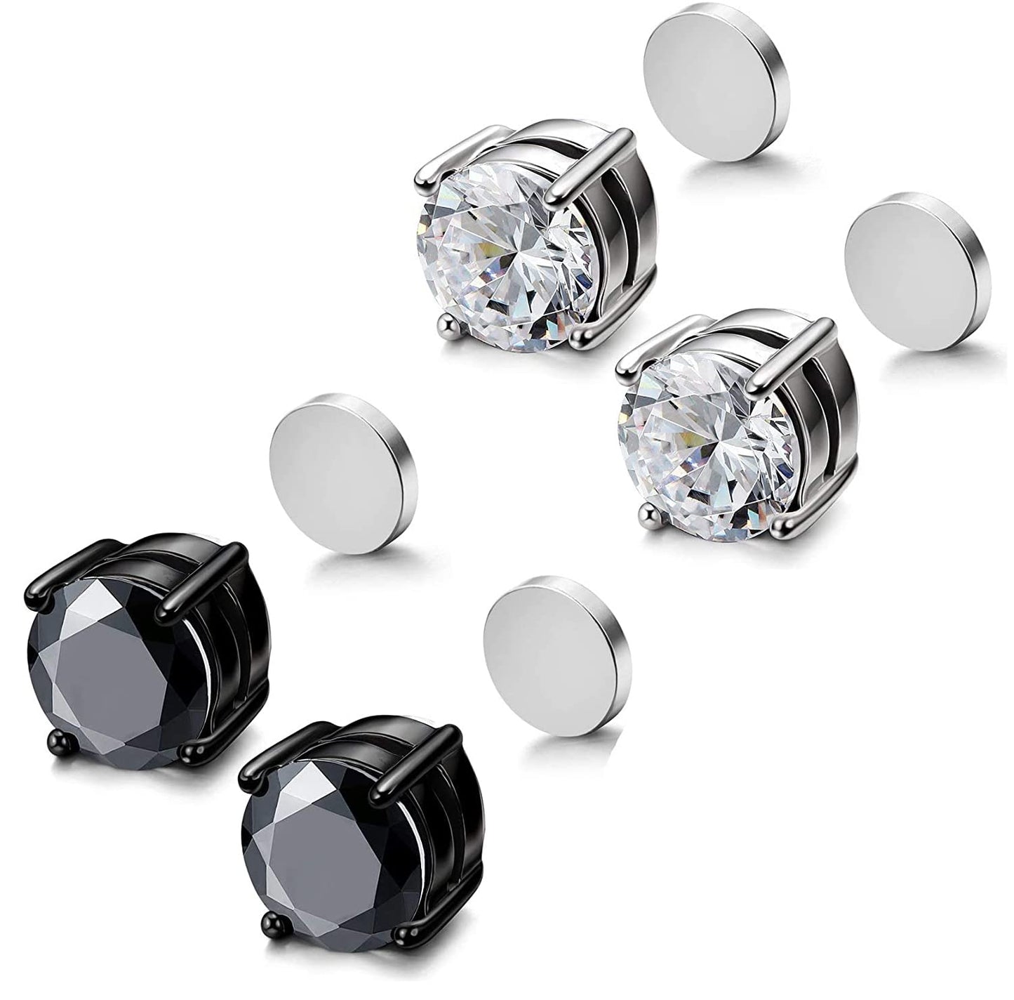 YZstyle 2 Pairs Stainless Steel Magnetic Stud Earrings for Men Women Non-piercing CZ Clip on CZ Earrings Hypoallergenic(Black + Silver)6MM-8MM (8MMBlack + Silver)