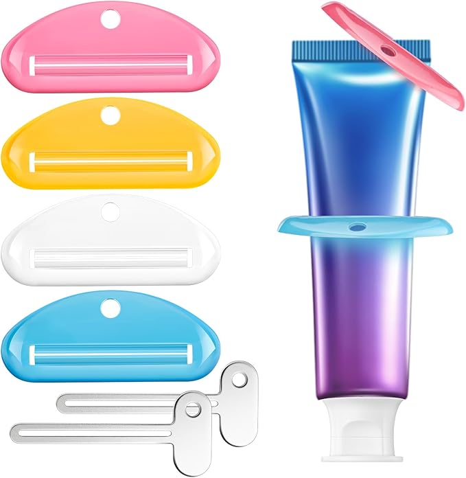 6 PCS Toothpaste Squeezer, 2 Metal Tube Roller Squeezer with 4 Plastic Toothpaste Dispenser Hanging Toothpaste Key, Tube Squeezer Tool for Bathroom, Suitable for Toothpaste, Cosmetics, Paints
