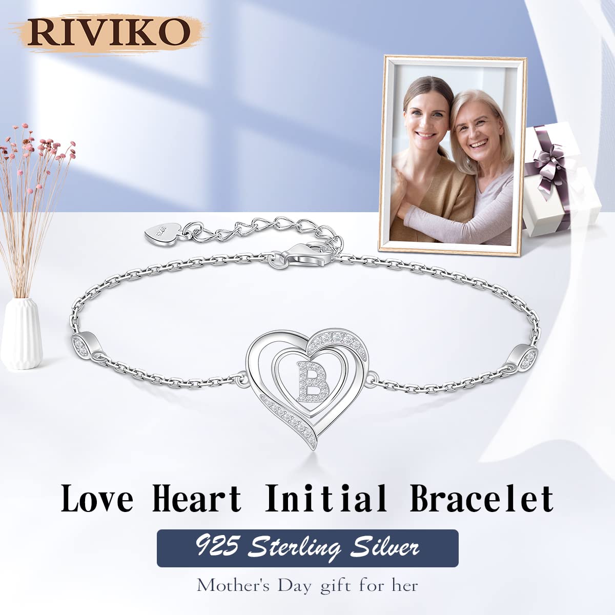 RIVIKO Heart Initial Bracelets for Women,925 Sterling Silver Letter B Bracelets,Personalized Charm Alphabet Jewelry Anniversary Valentines Birthday Gifts for Women Her Mom Wife Lady