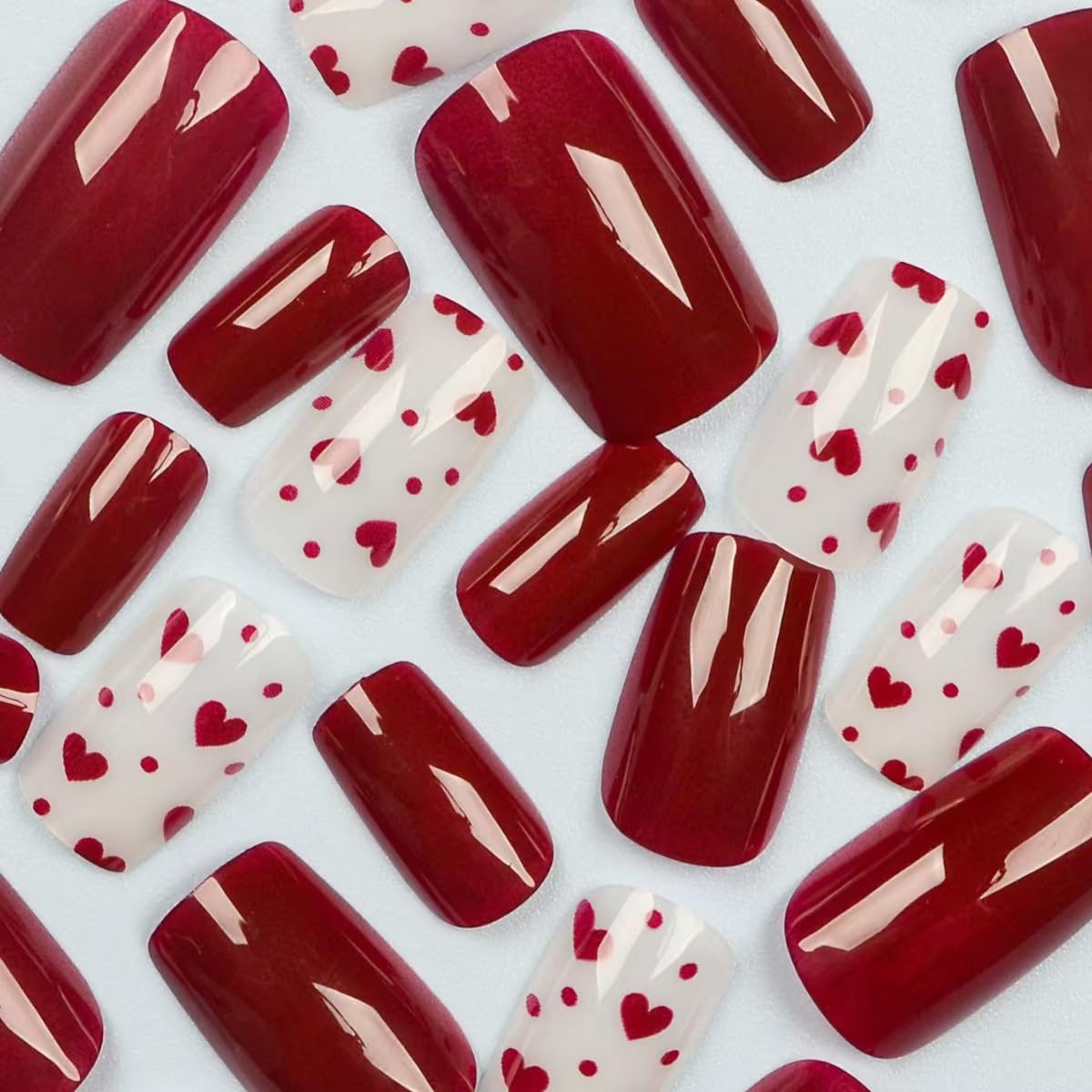 Red Press on Nails Square Medium Fake Nails with Heart Design Valentine's Day False Nails for Women 24 Pcs
