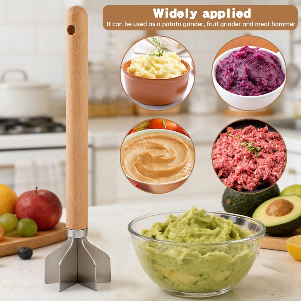 Zorivane Stainless Steel Meat Chopper with Hook, 6 Blades Meat Masher Ground Beef Chopper Tool, 11 inch Hamburger Smasher Potato Masher Meats Pounder Multi-Purpose Kitchen Tool
