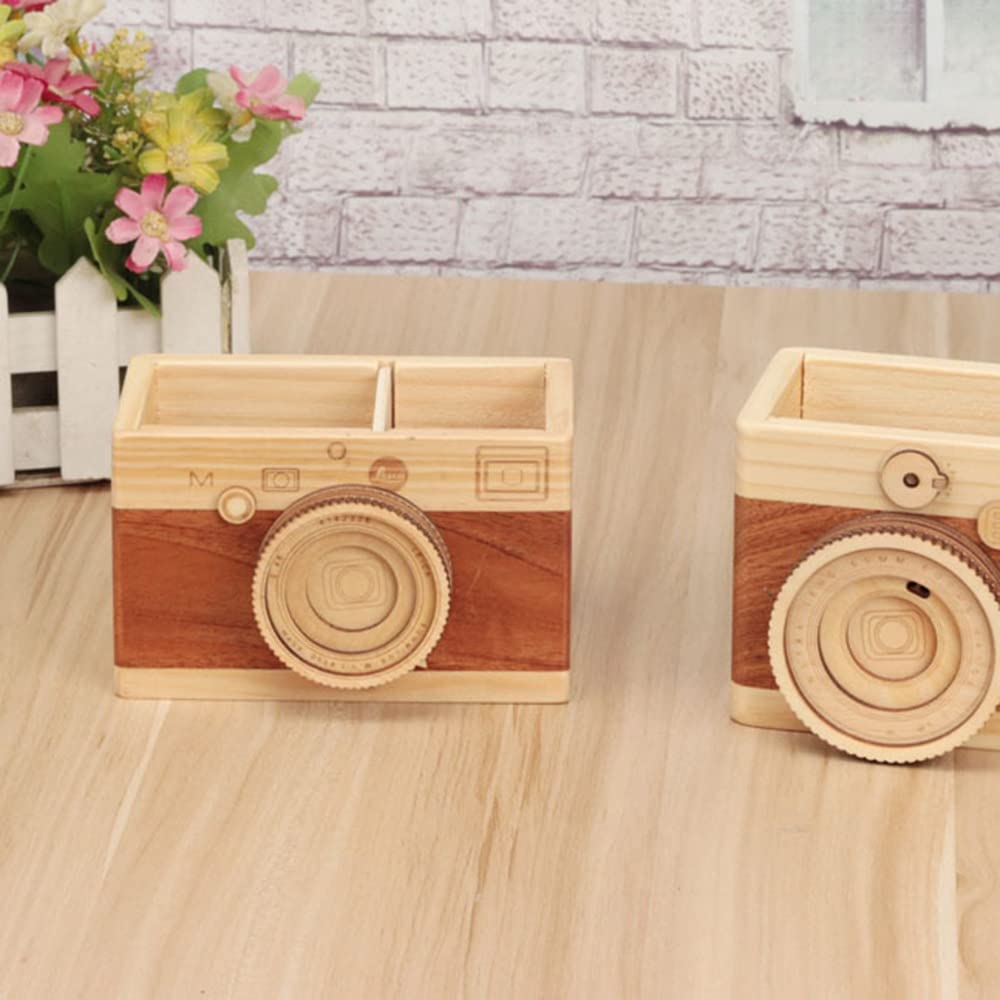 Leadigol Camera Wooden Pencil Holder,Desktop Pencil Holder Gift Makeup Organizer Double-layer Crafts Creative Camera Multi Purpose Use Desk Accessories