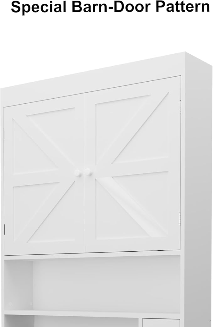 Over-The-Toilet Storage Cabinet - 2 Door Bathroom Organizer with Adjustable Shelves, Farmhouse Style Space-Saving Rack for Bathroom, Toilet, Laundry Room (White)