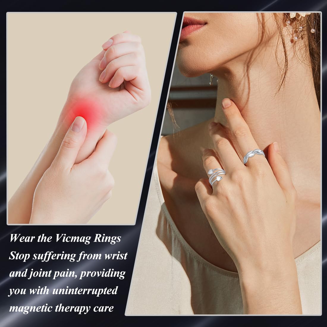 Vicmag Copper Magnetic Ring for Women, Copper Ring Ladies Fingers Thumb Jewelry Gift Adjustable (Love+Leave Silver)