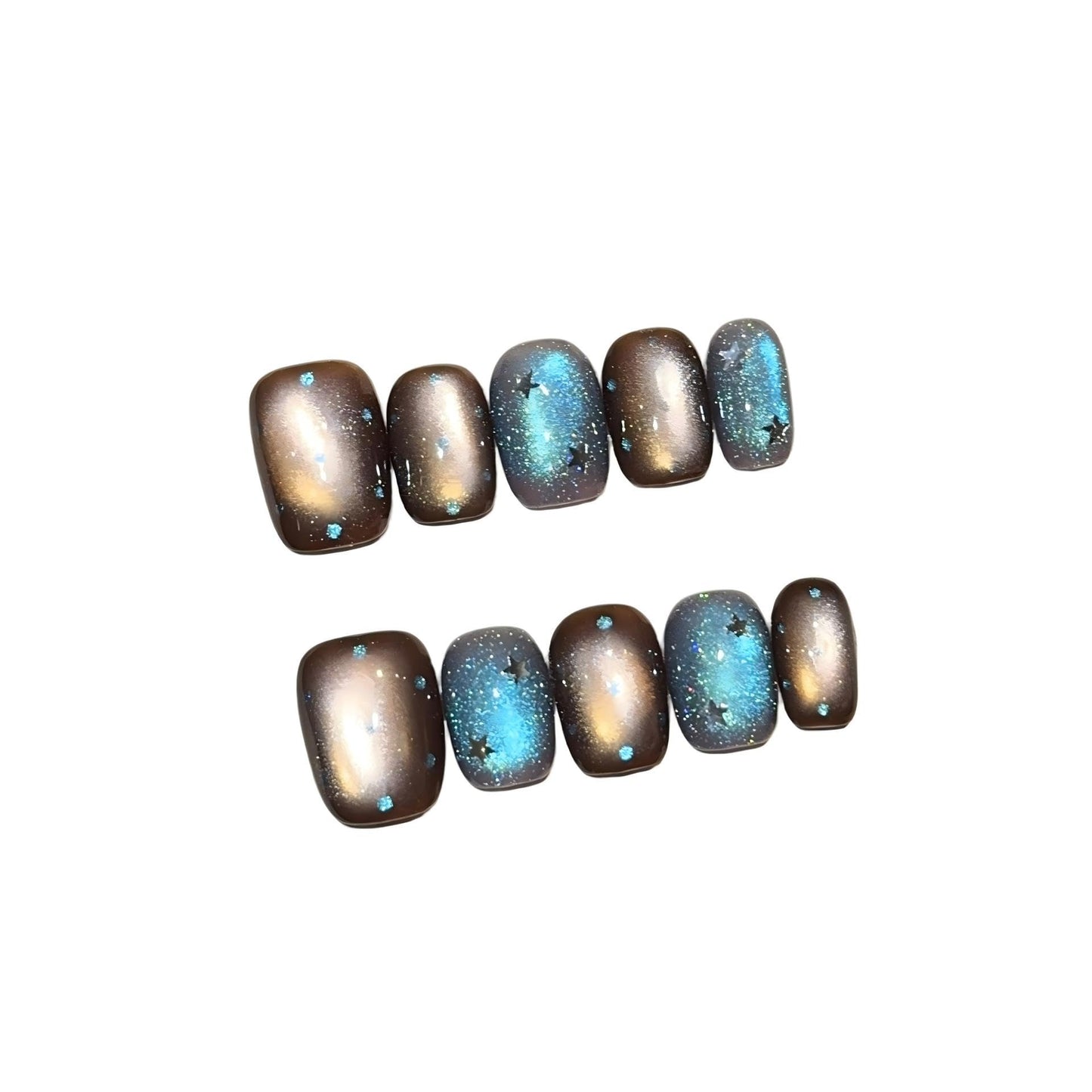 Brown & Blue Galaxy Cat Eye Press On Nails - Starry Sky Design with Rhinestones, Short Oval Shape, Reusable False Nails (L)