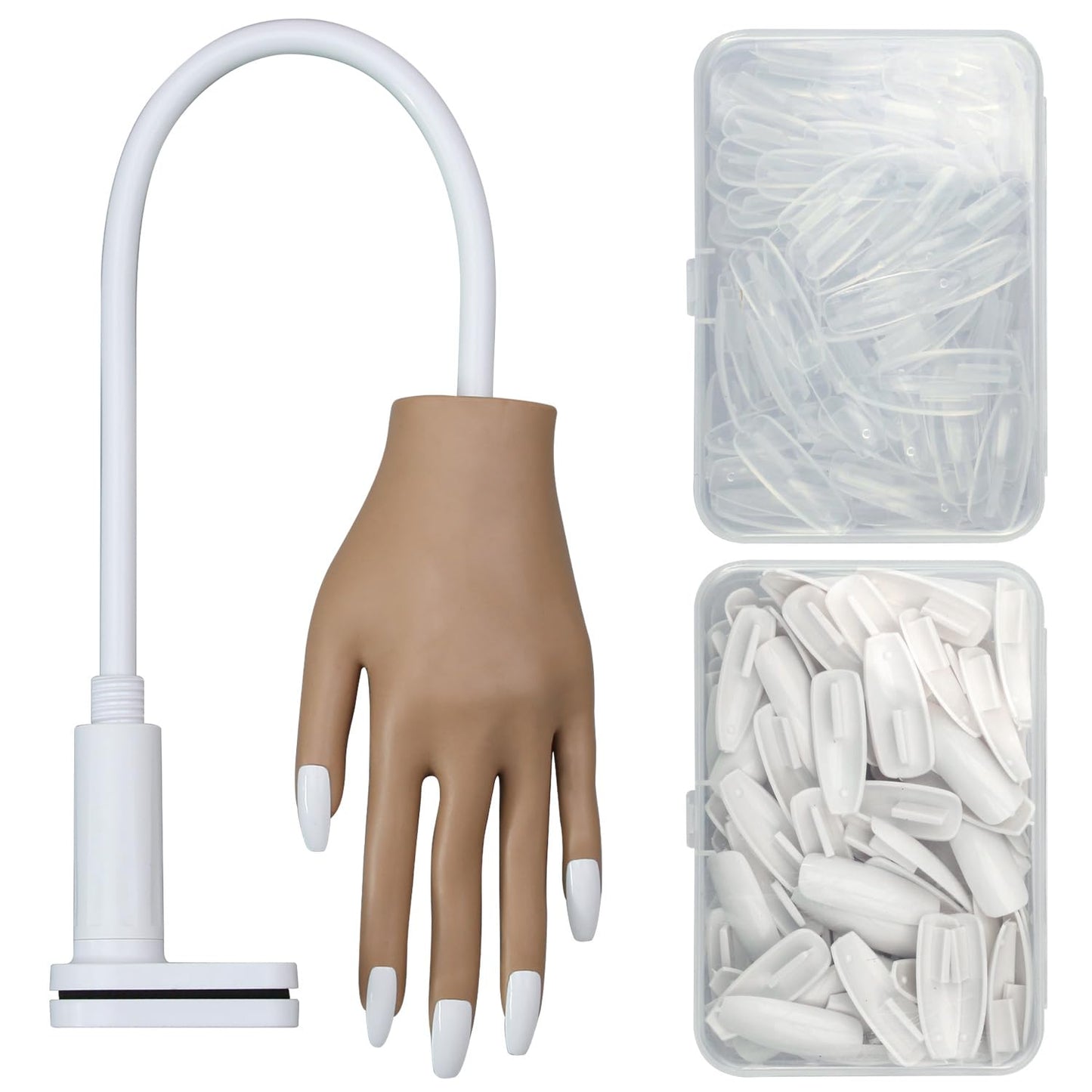 Acrylic Practice Hand Fake Nails Kit, BORNBYME Upgrade Nail Training Adjustable Finger Kits, Fake Nails Hands for Nail Beginner Practice with 200 PCS Nail Tips, White