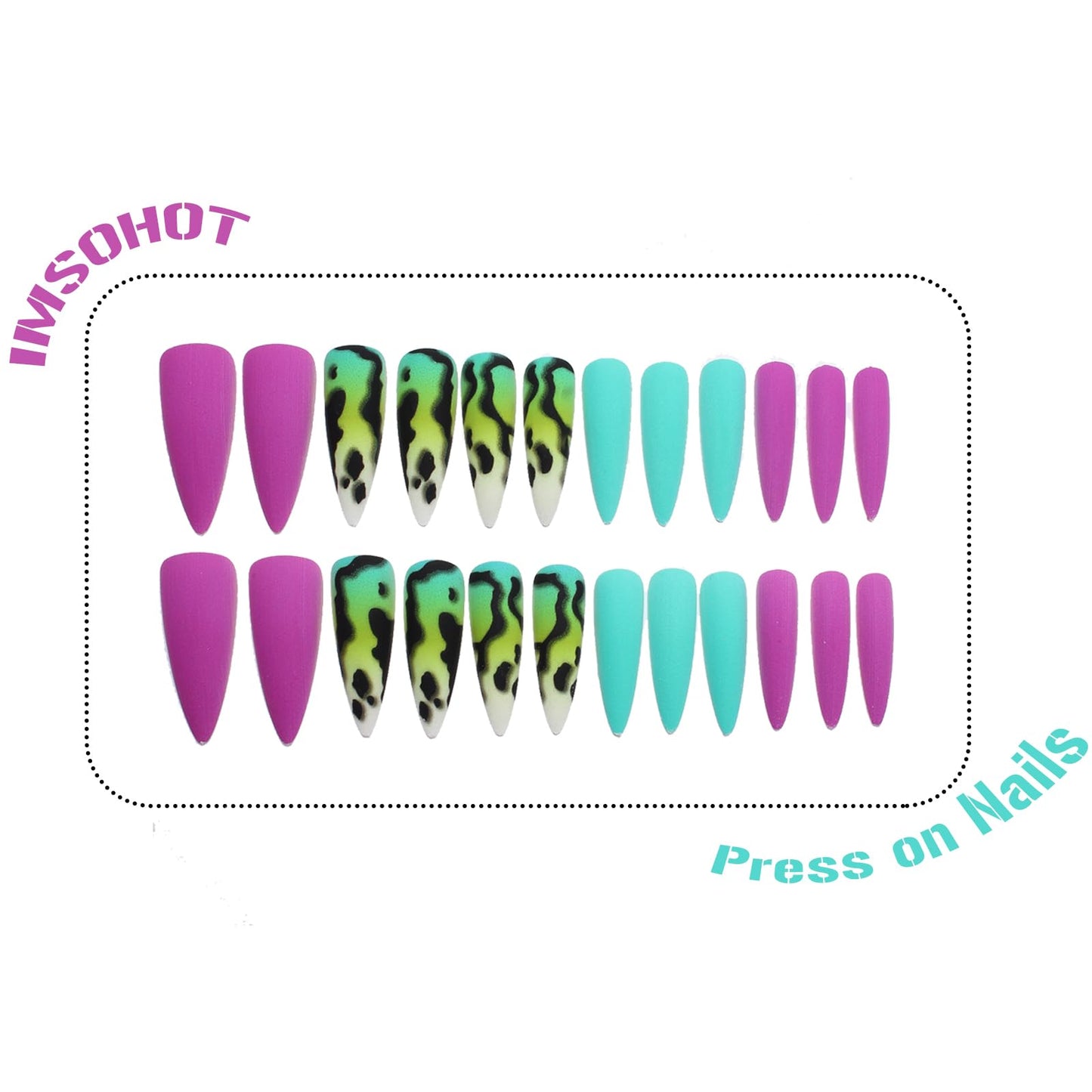 IMSOHOT Press on Nails Long Stiletto Fake Nails Purple Green Ombre Acrylic False Nails Matte Full Cover Glue on Nails